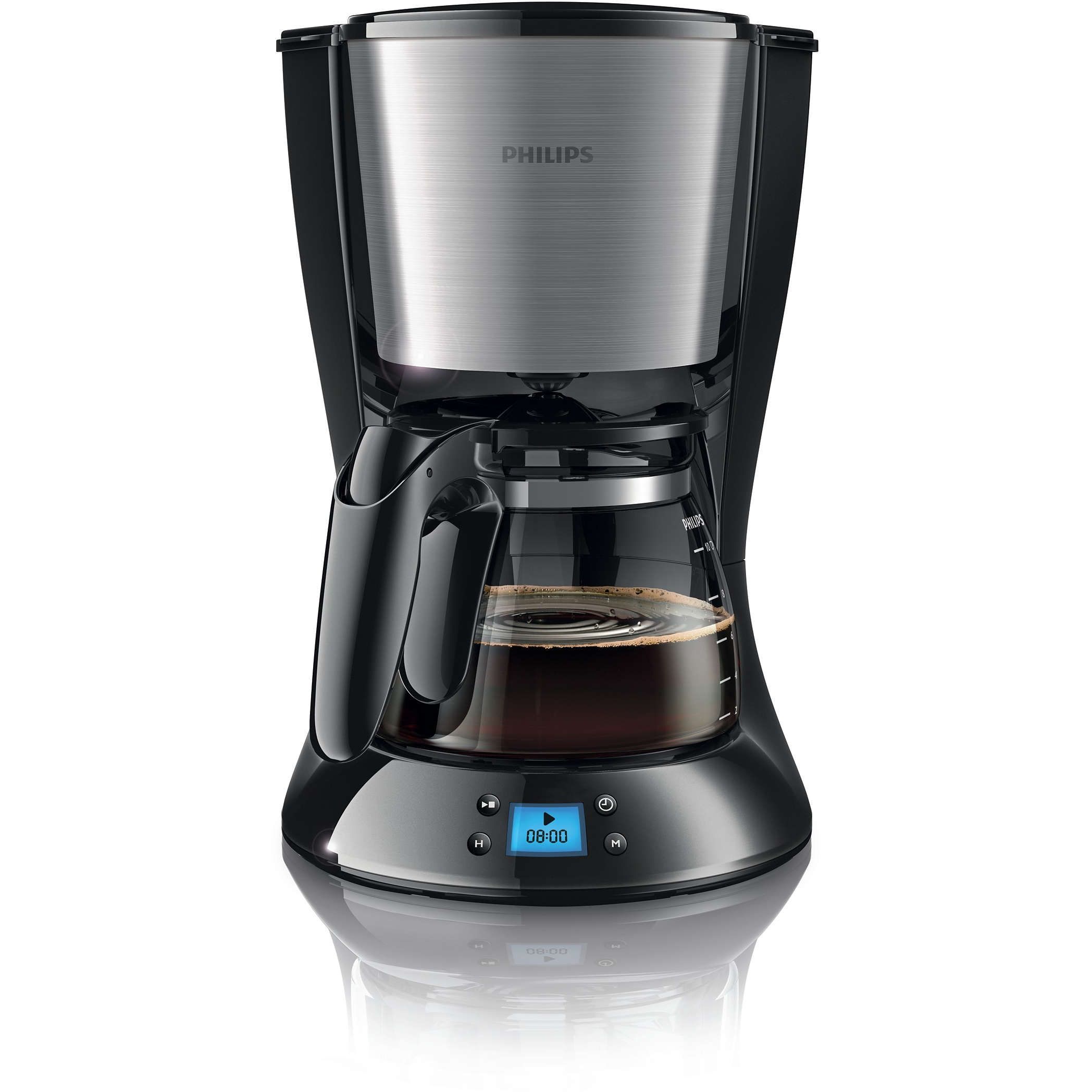 Cafetieră Philips Daily HD7459/20, 920~1080W, Capacitate 1.2l (2~15 cești), Cană de sticlă, Afișaj, Aroma Twister pentru gust intens, Sistem anti-picurare, Oprire automată, Cablu 0.85m, Black Metal