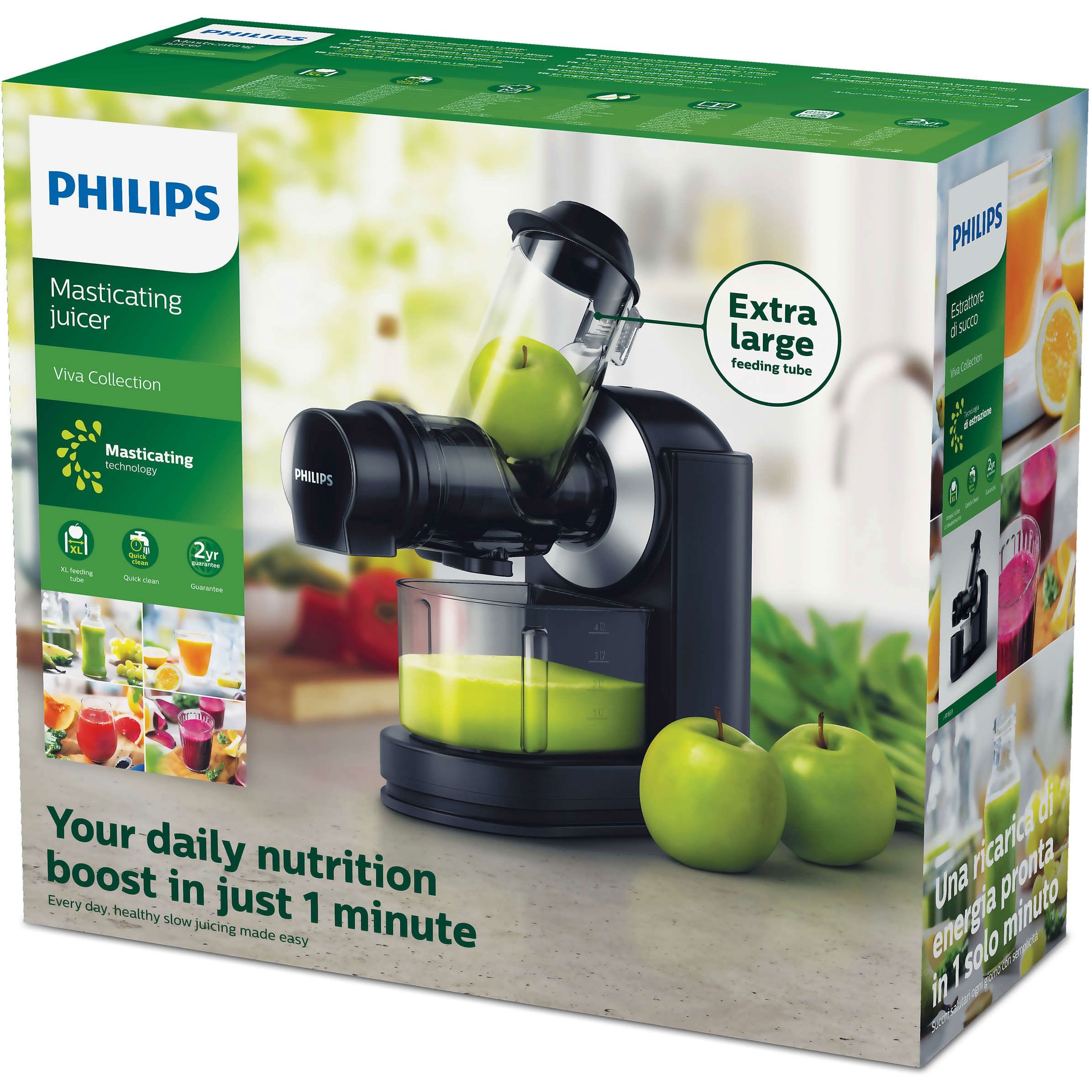 Storcător prin presare la rece Philips Viva HR1889/70, Tehnologie QuickClean, 150W, tub de alimentare XL de 70mm, Recipient suc 1 l, Recipient pulpă 0.75 l, Culoare: Negru