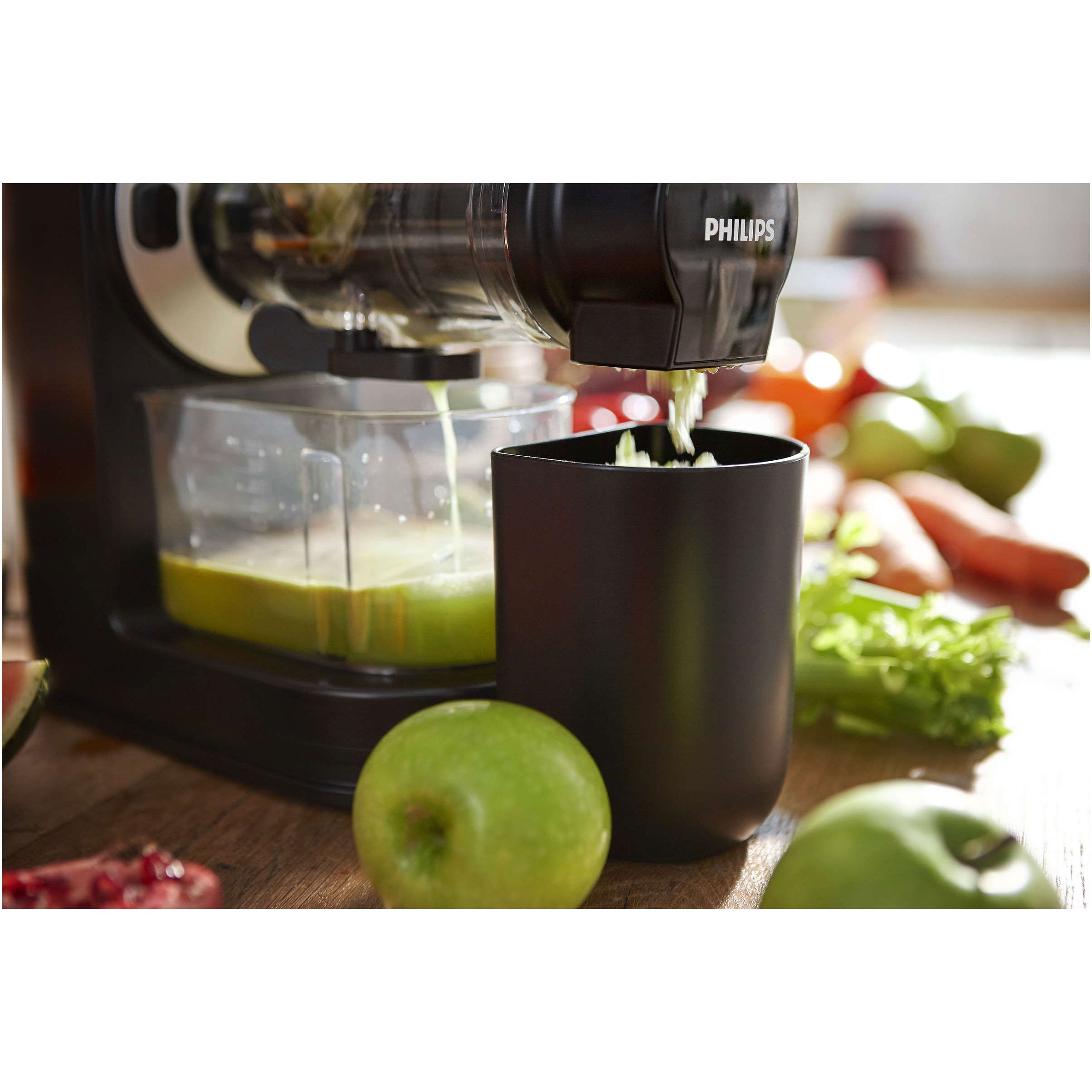 Storcător prin presare la rece Philips Viva HR1889/70, Tehnologie QuickClean, 150W, tub de alimentare XL de 70mm, Recipient suc 1 l, Recipient pulpă 0.75 l, Culoare: Negru