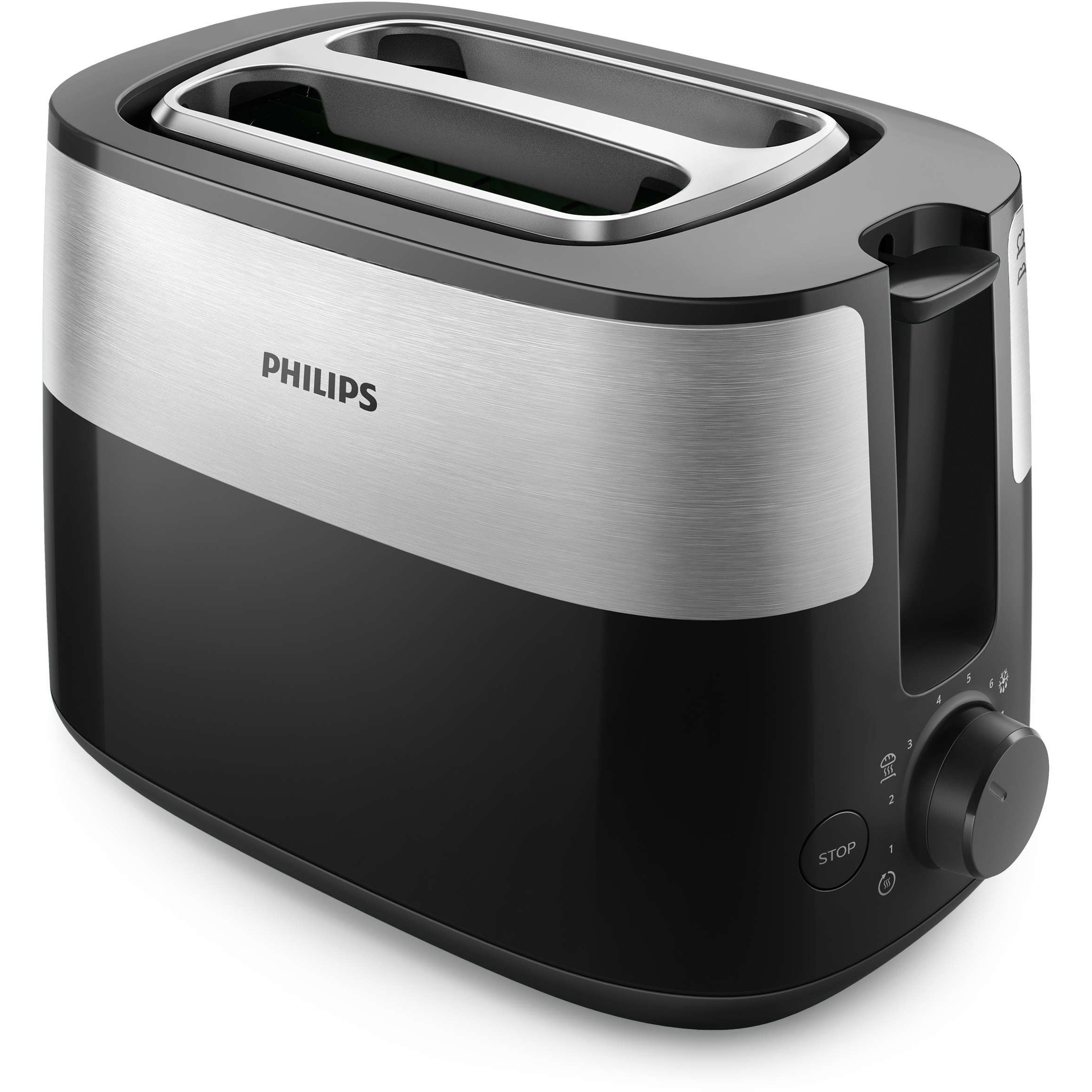 Prăjitor de pâine Philips Daily HD2516/90, 830W (8 trepte), 2 fante,Grilaj încorporat Dezghețare, Încălzire, High Lift, Buton STOP, Tavă firimituri detașabilă, Centrare automată, Oprire automată, Black-Sil