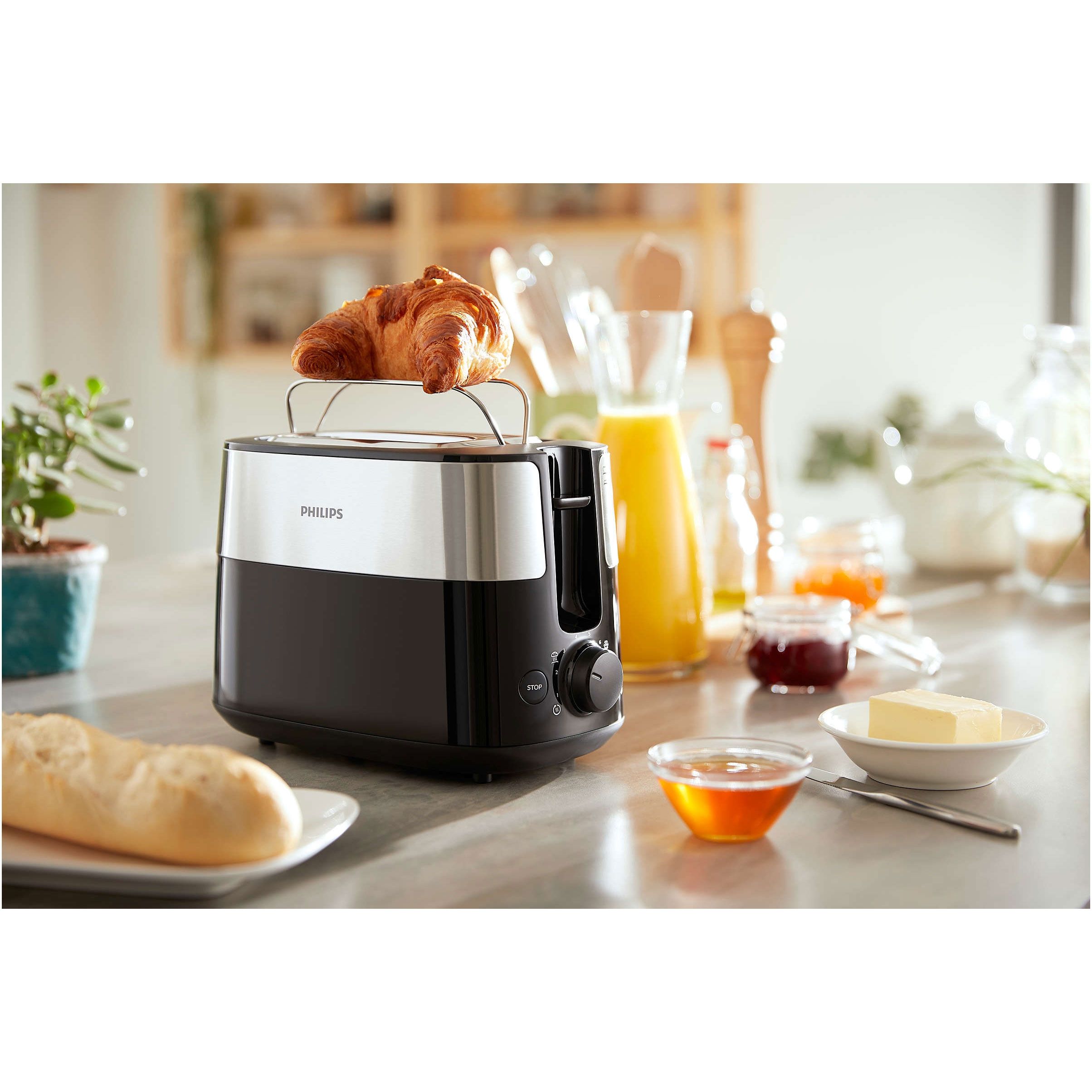 Prăjitor de pâine Philips Daily HD2516/90, 830W (8 trepte), 2 fante,Grilaj încorporat Dezghețare, Încălzire, High Lift, Buton STOP, Tavă firimituri detașabilă, Centrare automată, Oprire automată, Black-Sil