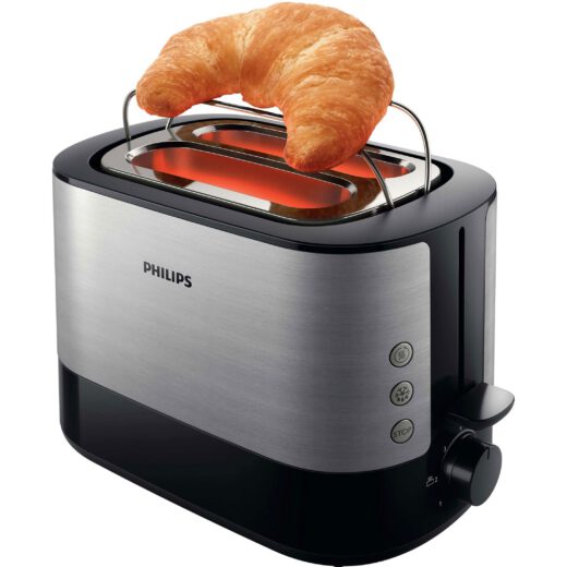 Prăjitor de pâine Philips Viva HD2637/90  950W (7 trepte)  2 fante  Dezghețare  Încălzire  Grătar chifle integrat  High Lift  Buton STOP  Tavă firimituri  Centrare automată  Oprire automată  Negru