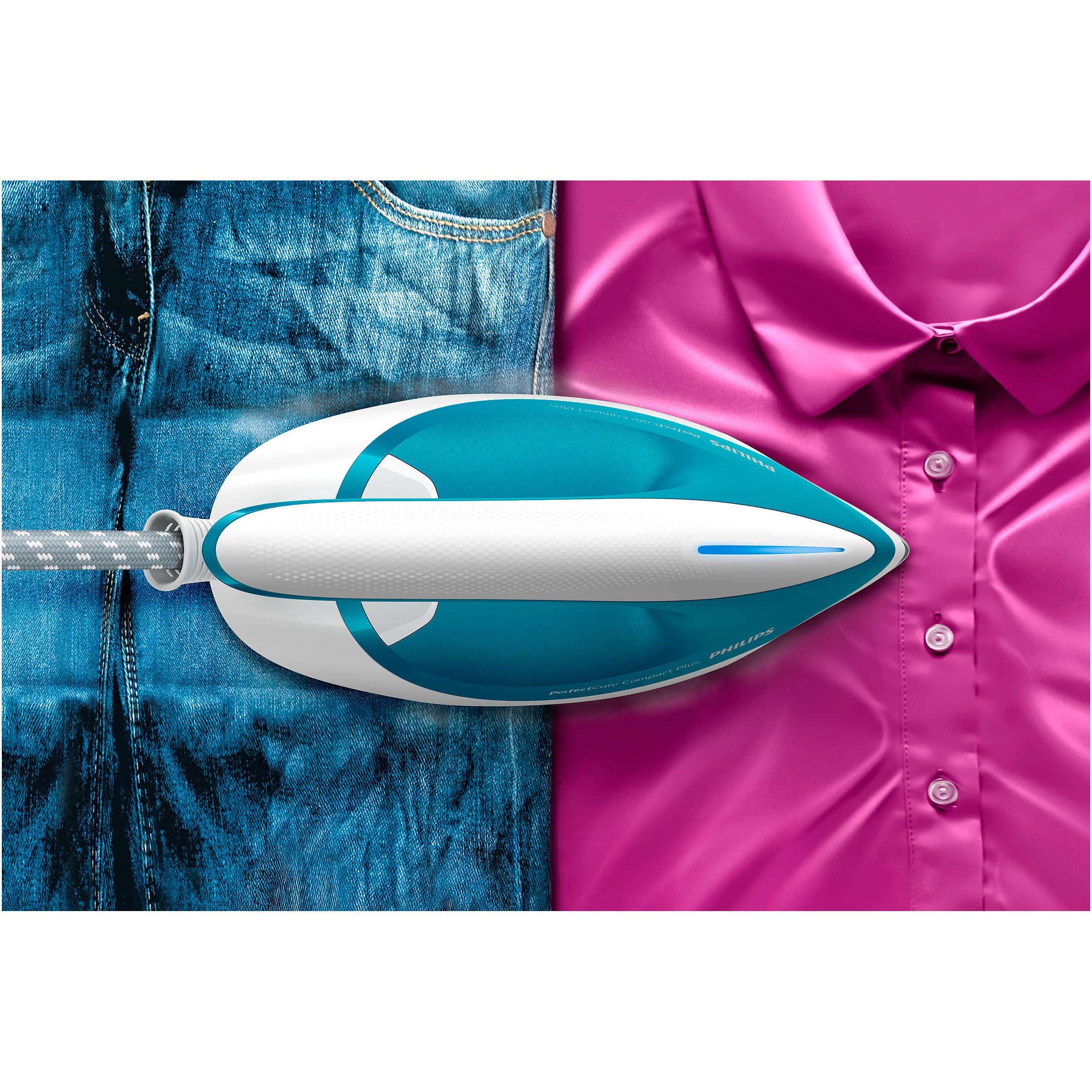 Stație de călcat cu abur Philips PerfectCare Compact Plus GC7920/20, 2400W, Presiune 6.5bar, Continuu 120g/min, Jet 430g, Talpă SteamGlide, Rezervor detașabil 1.5l, F1.6m, C1.65m, Fier 1.3kg, Marine Blue