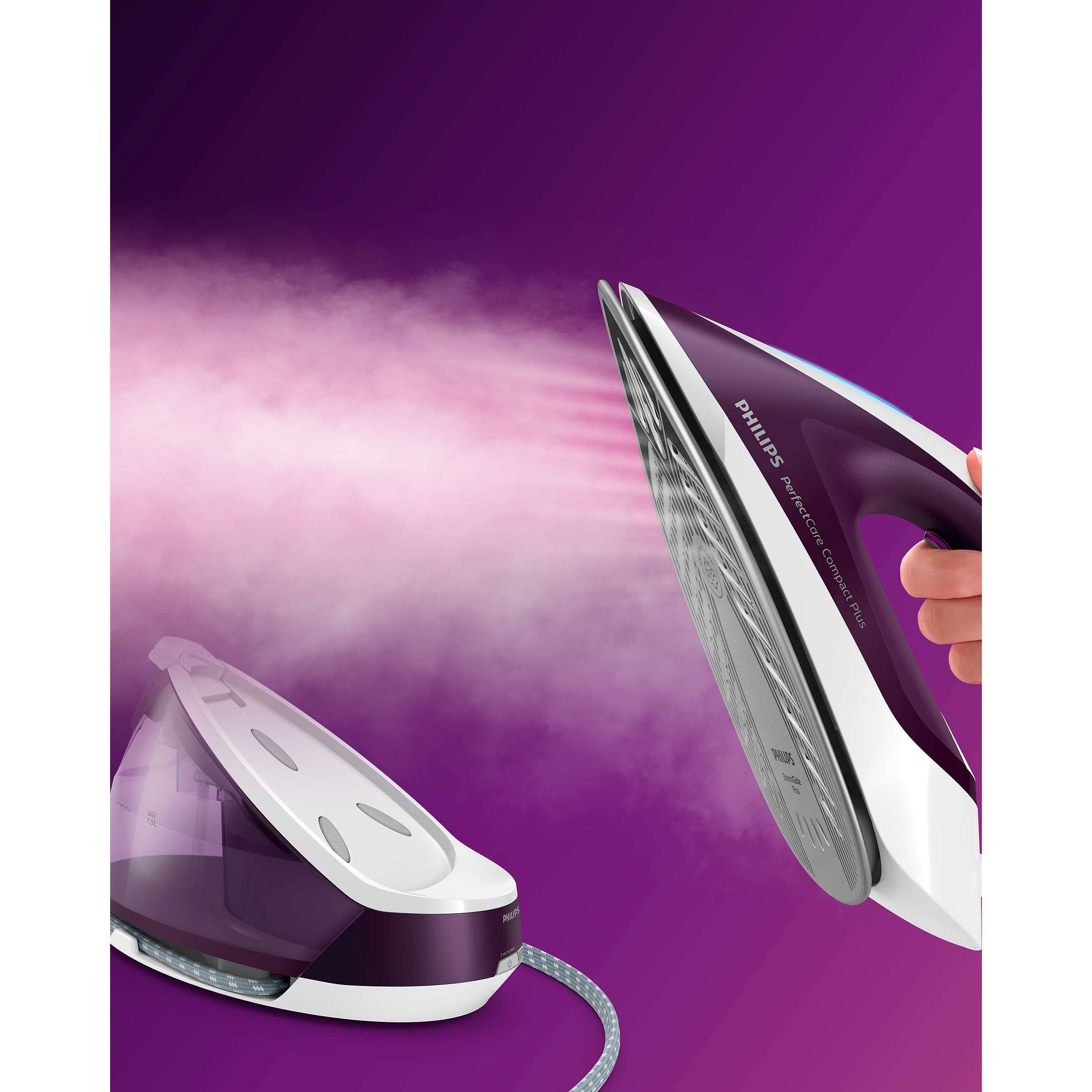 Stație de călcat cu abur Philips PerfectCare Compact Plus GC7933/30, 2400W, Presiune 6.5bar, Continuu 120g/min, Jet 450g, Talpă SteamGlide Plus, Rezervor detașabil 1.5l, F1.6m, C1.65m, Fier 1.3kg