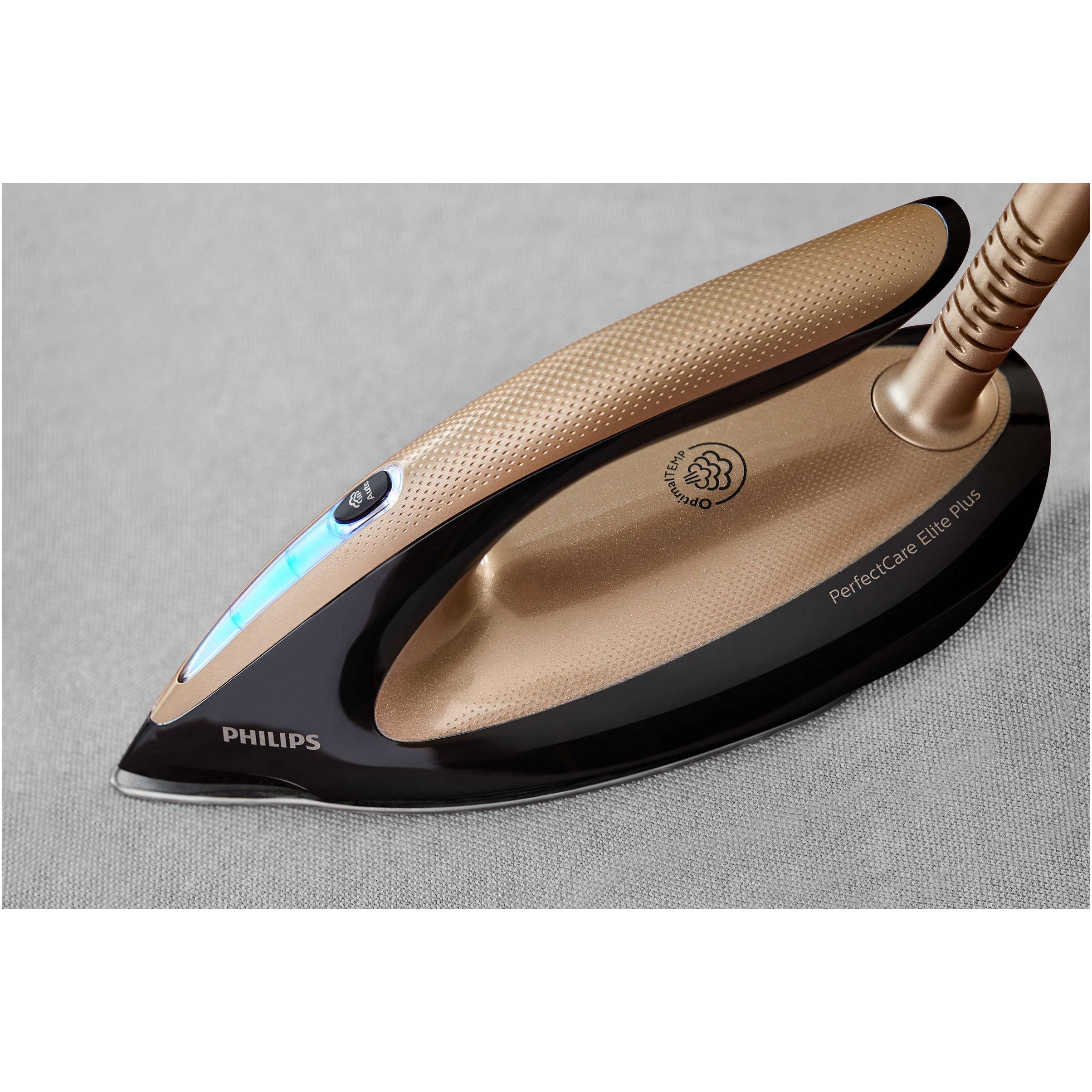 Stație de călcat cu abur Philips PerfectCare Elite Plus GC9682/80, 2700W, 8bar, Continuu 165g/min, Jet 600g, Talpă T-Ionic Glide, Rezervor detașabil 1.8l, Furtun 1.9m, Cablu 2m, Fier 0.8kg, OptimalTEMP