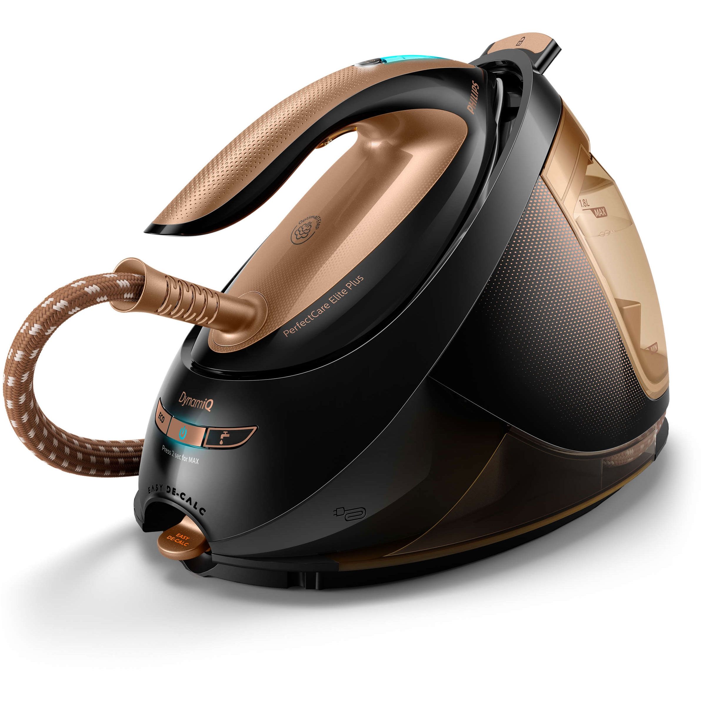 Stație de călcat cu abur Philips PerfectCare Elite Plus GC9682/80, 2700W, 8bar, Continuu 165g/min, Jet 600g, Talpă T-Ionic Glide, Rezervor detașabil 1.8l, Furtun 1.9m, Cablu 2m, Fier 0.8kg, OptimalTEMP