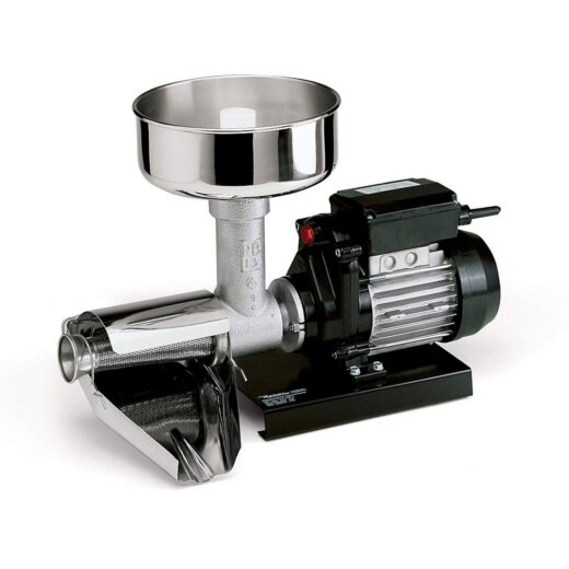 Mașină electrică de presat roşii Reber 9008 N n.3  Motor prin inducție de 400W  Funcționare continuă  Producție 70~140kg/h  Corp din fontă tratată  Filtru și pâlnie din oțel inoxidabil 304