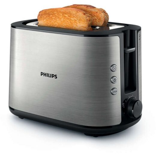 Prăjitor de pâine Philips Viva HD2650/90  950W (8 trepte)  2 fante  Grătar chifle integrat  Dezghețare  Încălzire  High Lift  Buton STOP  Tavă firimituri  Centrare automată  Oprire automată  Carcasă inox