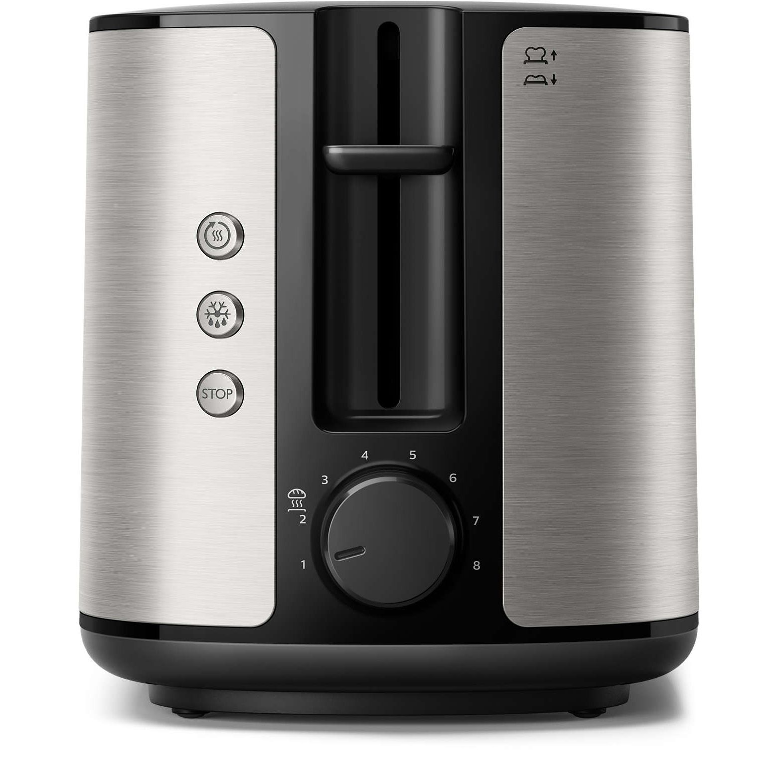 Prăjitor de pâine Philips Viva HD2650/90, 950W (8 trepte), 2 fante, Grătar chifle integrat, Dezghețare, Încălzire, High Lift, Buton STOP, Tavă firimituri, Centrare automată, Oprire automată, Carcasă inox
