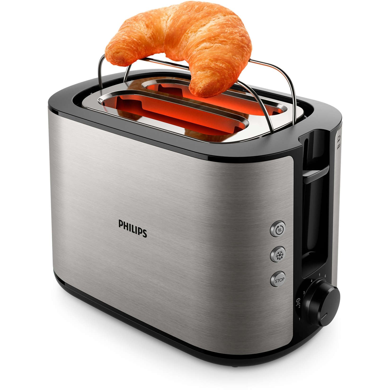 Prăjitor de pâine Philips Viva HD2650/90, 950W (8 trepte), 2 fante, Grătar chifle integrat, Dezghețare, Încălzire, High Lift, Buton STOP, Tavă firimituri, Centrare automată, Oprire automată, Carcasă inox