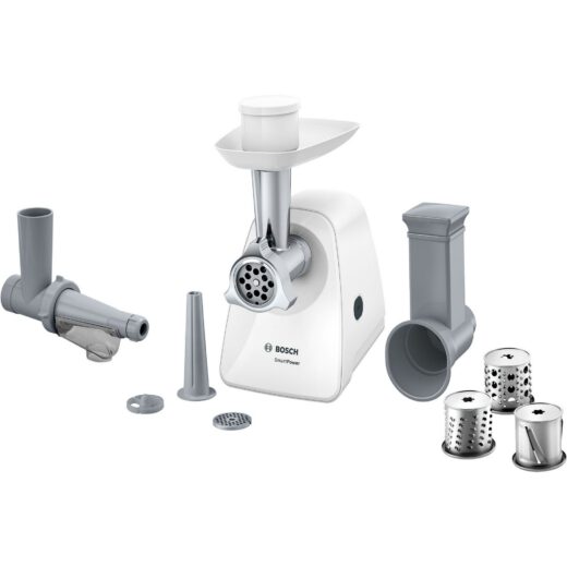 Mașină de tocat carne BOSCH SmartPower MFW2517W  350W  Accesoriu pentru mărunțire  Storcător pentru fructe și legume moi  Accesoriu pentru cârnați  Albă