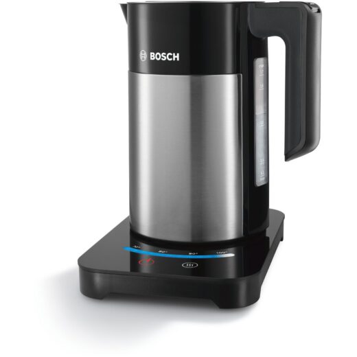Fierbător de apă BOSCH TWK7203, 1850~2200W, 1.7L, 7 temperaturi, KeepWarm 30min, Scală gradată, Pereți dubli, Ecran tactil, Filtru anticalcar detașabil, Bază 360°, Stainless Steel and Black