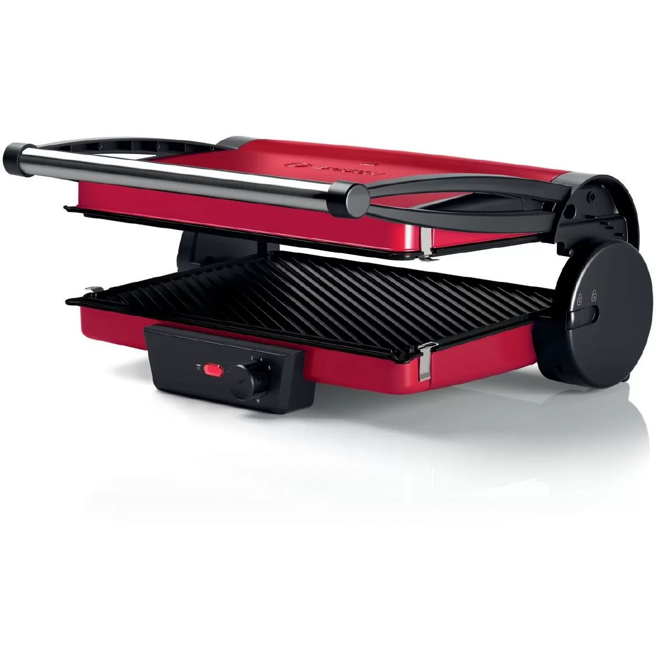 Grătar electric BOSCH TCG4104, 2000W, 5 nivele, Corp inox, Plăci grill antiadezive detașabile aluminiu 32.8×23.8cm, Două tăvițe, Termostat reglabil, Păstrare la cald, Depozitare verticală, Red Anthracite
