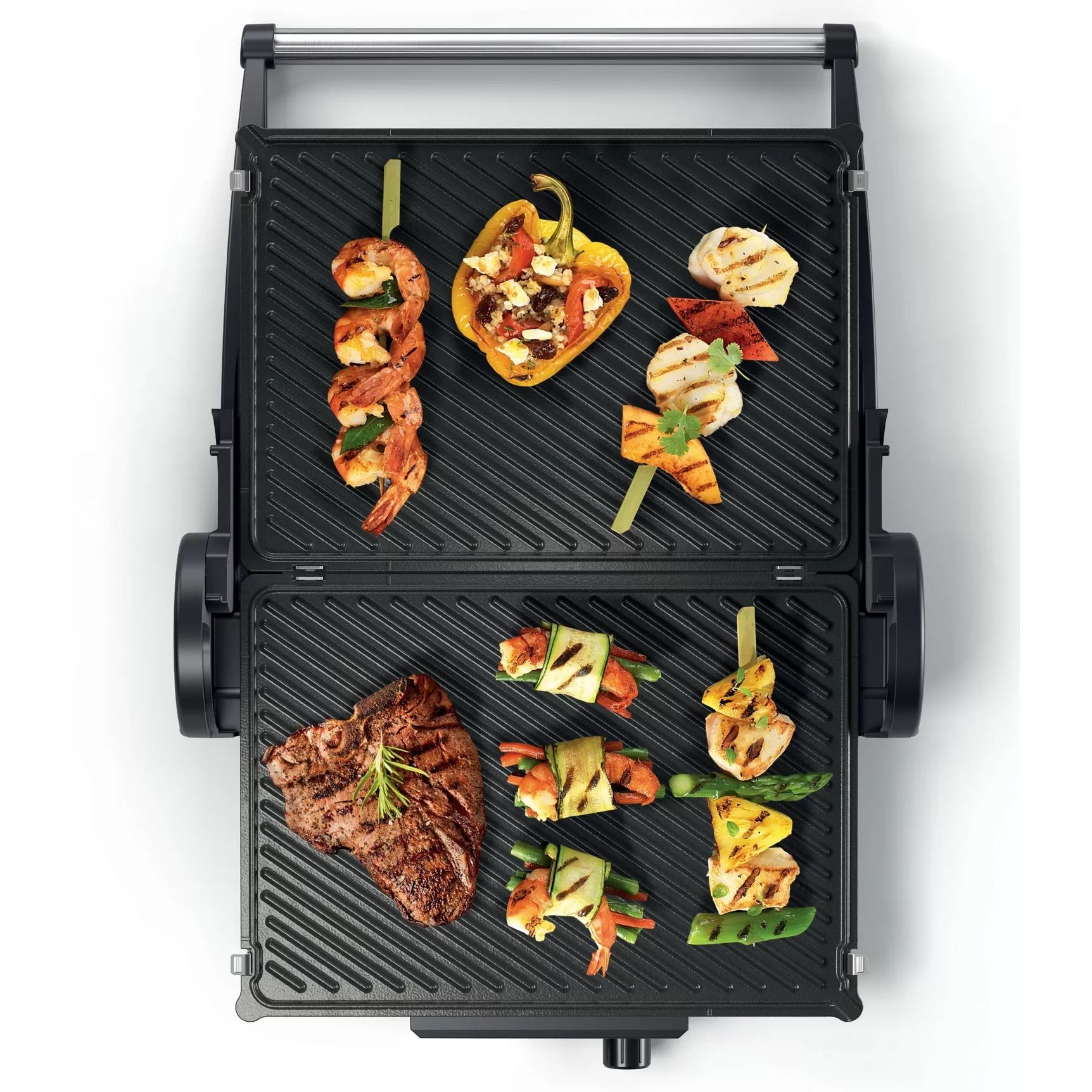 Grătar electric BOSCH TCG4104, 2000W, 5 nivele, Corp inox, Plăci grill antiadezive detașabile aluminiu 32.8×23.8cm, Două tăvițe, Termostat reglabil, Păstrare la cald, Depozitare verticală, Red Anthracite