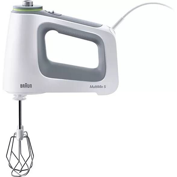 Mixer de mână BRAUN MultiMix 5 HM5137WH – 0X22211070, 750W (9 viteze și Turbo), Pahar gradat 0.6L, Tocător 0.5l, Picior păsător inox, 2 palete, 2 cârlige