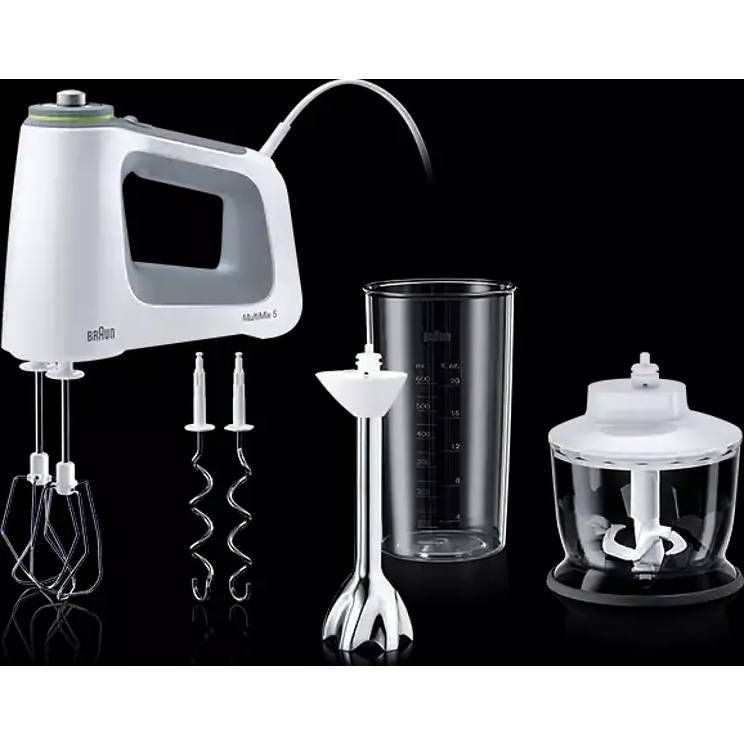 Mixer de mână BRAUN MultiMix 5 HM5137WH – 0X22211070, 750W (9 viteze și Turbo), Pahar gradat 0.6L, Tocător 0.5l, Picior păsător inox, 2 palete, 2 cârlige