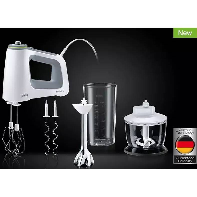 Mixer de mână BRAUN MultiMix 5 HM5137WH – 0X22211070, 750W (9 viteze și Turbo), Pahar gradat 0.6L, Tocător 0.5l, Picior păsător inox, 2 palete, 2 cârlige