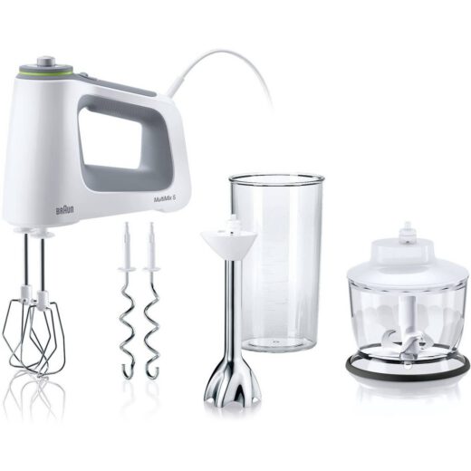 Mixer de mână BRAUN MultiMix 5 HM5137WH – 0X22211070  750W (9 viteze și Turbo)  Pahar gradat 0.6L  Tocător 0.5l  Picior păsător inox  2 palete  2 cârlige