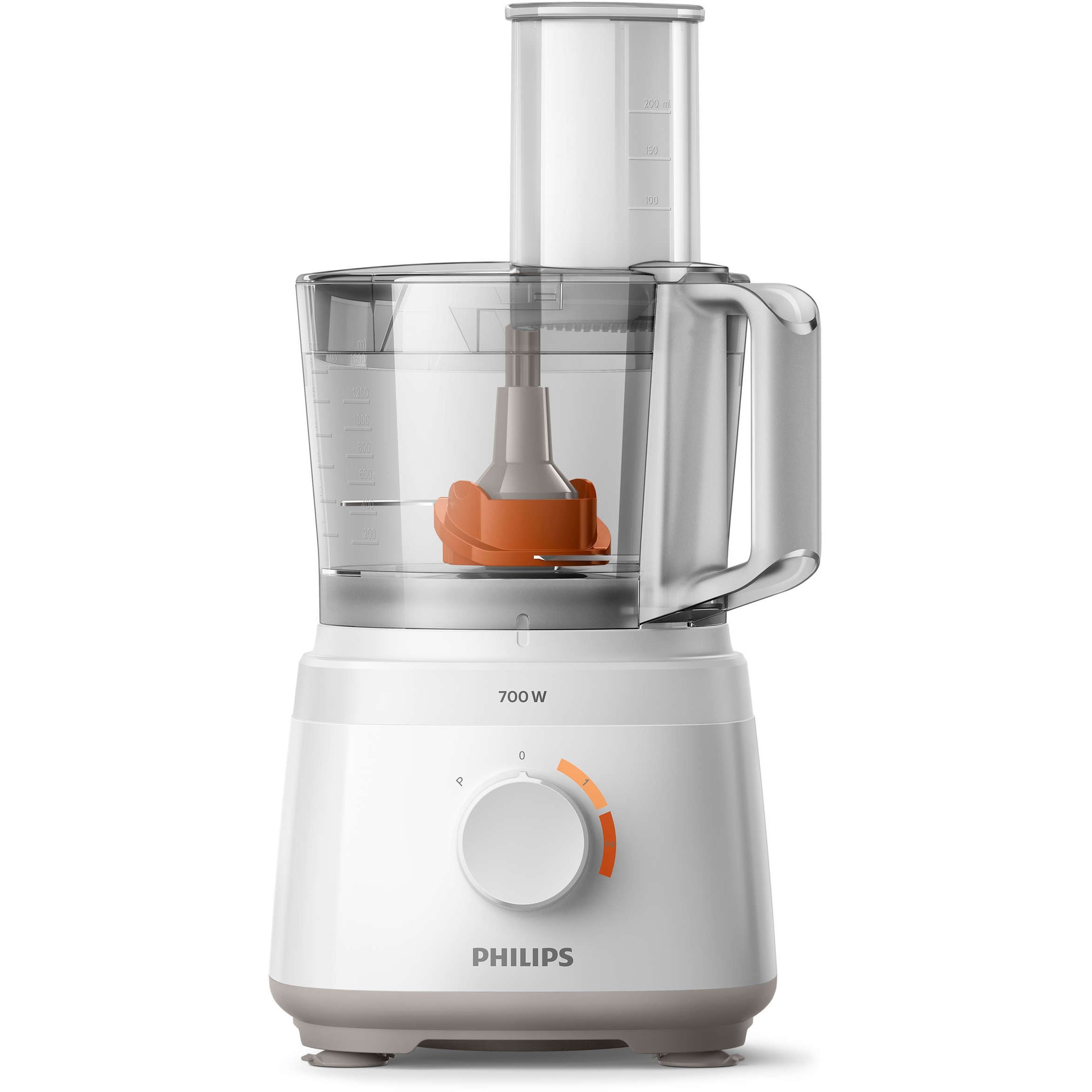 Robot de bucătărie Philips Daily HR7320/00, 700W (2 trepte și Pulse), 19 funcții, Bol 2.1l (uz 1.5l), Vas blend 1.5l (uz 1l), Formă compactă, Tub alimentare XXL, Sistem anti-alunecare