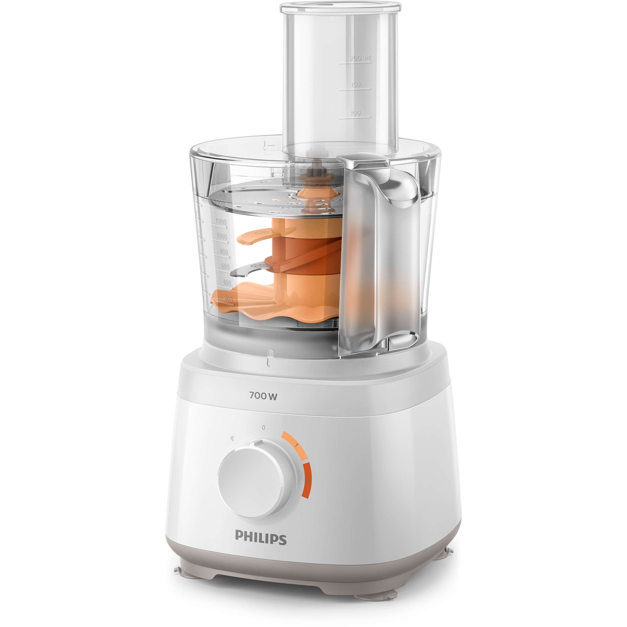 Robot de bucătărie Philips Daily HR7320/00, 700W (2 trepte și Pulse), 19 funcții, Bol 2.1l (uz 1.5l), Vas blend 1.5l (uz 1l), Formă compactă, Tub alimentare XXL, Sistem anti-alunecare