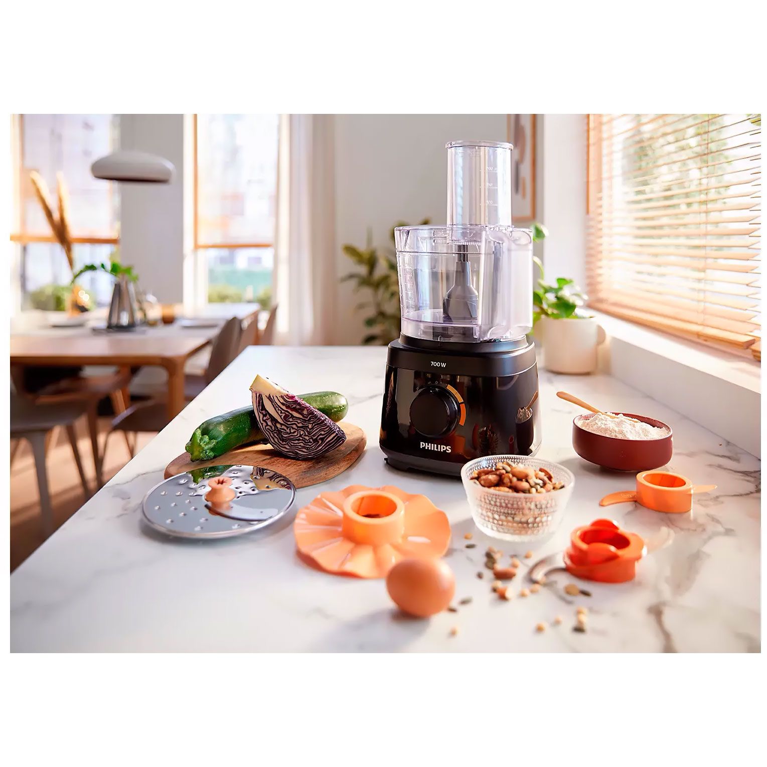Robot de bucătărie Philips Daily HR7320/00, 700W (2 trepte și Pulse), 19 funcții, Bol 2.1l (uz 1.5l), Vas blend 1.5l (uz 1l), Formă compactă, Tub alimentare XXL, Sistem anti-alunecare