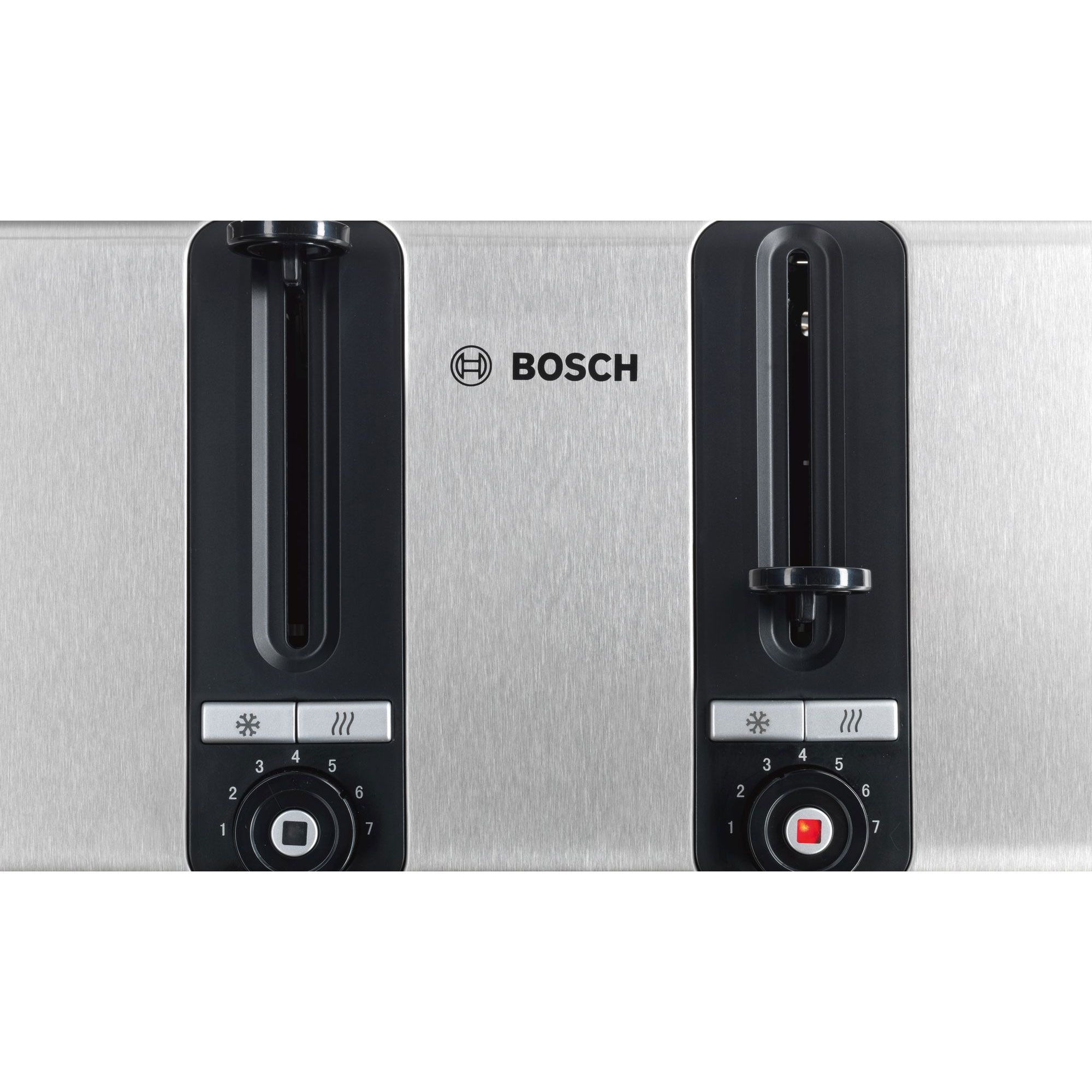 Prăjitor de pâine BOSCH TAT7S45, 1500~1800W (7 trepte), 4 fante, 2 compartimente independente, Centrare automată, Senzor pentru prăjire uniformă, Dezghețare, Reîncălzire, Tastă STOP, Graphite
