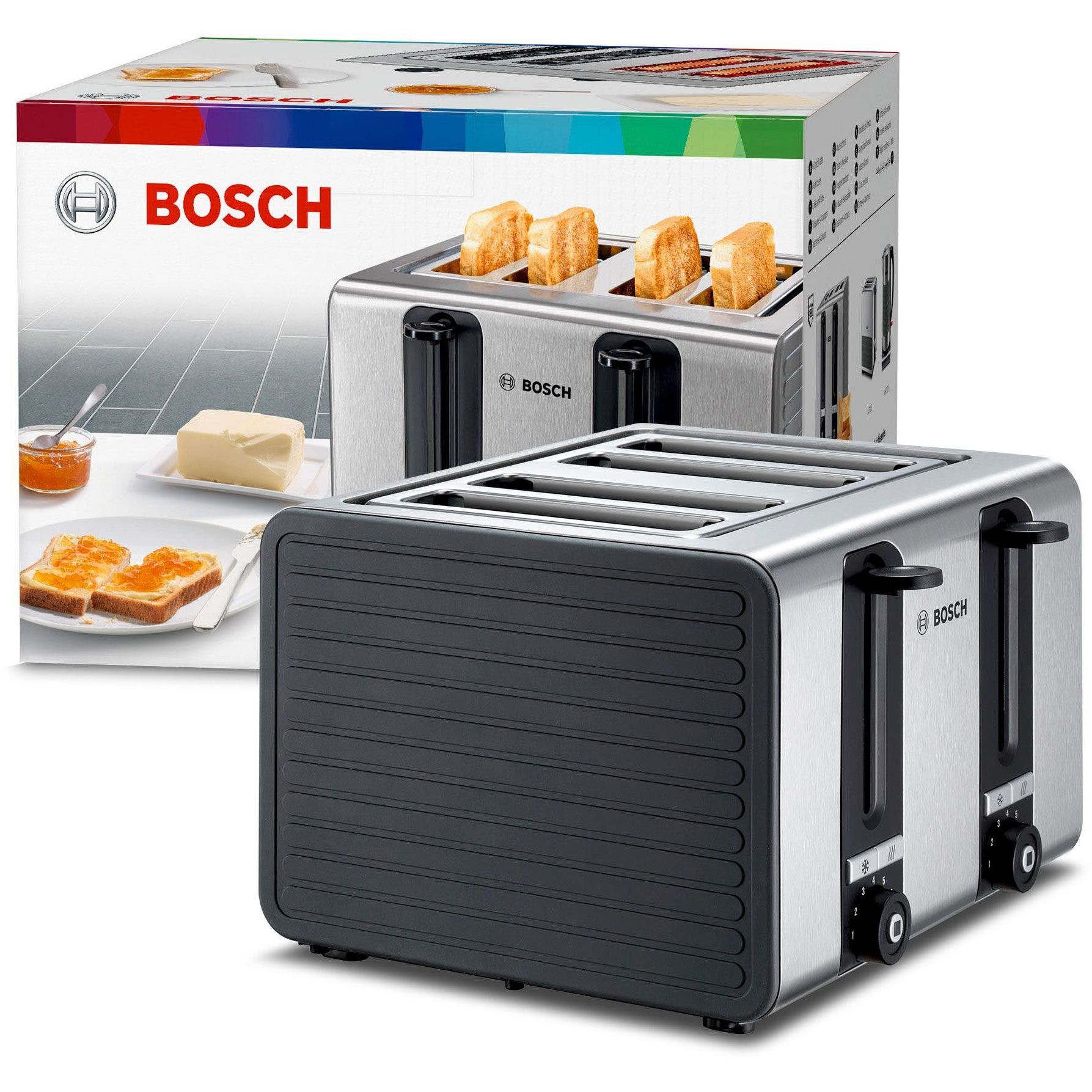 Prăjitor de pâine BOSCH TAT7S45, 1500~1800W (7 trepte), 4 fante, 2 compartimente independente, Centrare automată, Senzor pentru prăjire uniformă, Dezghețare, Reîncălzire, Tastă STOP, Graphite