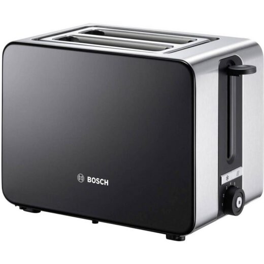 Prăjitor de pâine BOSCH TAT7203  860~1050W (7 trepte)  2 fante  Grătar chifle  Sertar firimituri  Senzor electronic pentru prăjire uniformă  Dezghețare  Reîncălzire  Tastă STOP  Stainless Steel