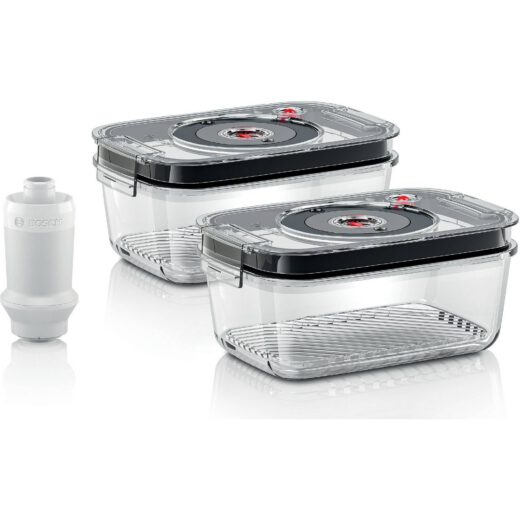 Set de accesorii BOSCH ErgoMixx Fresh Vacuum Glass MSZV6FSG2 – 17006290  2 recipiente 1.2 litri din sticlă borosilicată  Capace Tritan  Pompă vidare albă  Tăvițe scurgere incluse