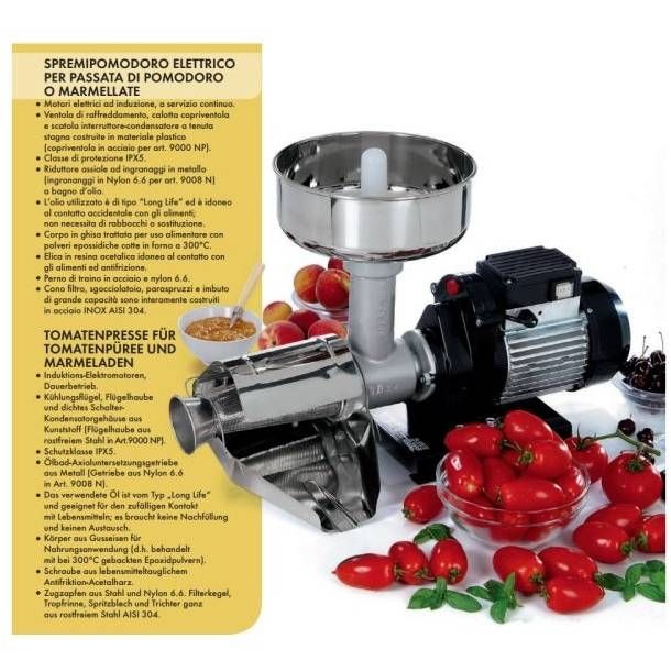 Mașină electrică de presat roşii Reber 9008 N n.3, Motor prin inducție de 400W, Funcționare continuă, Producție 70~140kg/h, Corp din fontă tratată, Filtru și pâlnie din oțel inoxidabil 304
