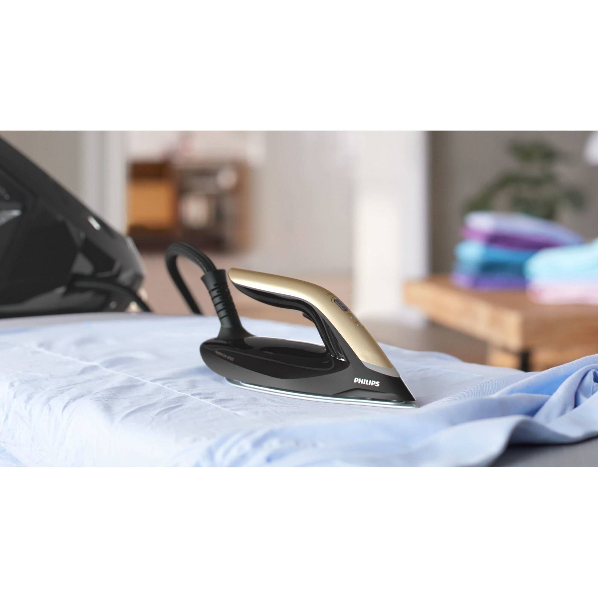 Stație de călcat Philips PerfectCare 8000 PSG8130/80, Optimal Temp, tehnologie DynamiQ, talpă Steam Glide Elite, 170g/min, 700g abur, 8.5 bari, rezervor detașabil 1800 ml, Easy De-Calc Plus, Negru