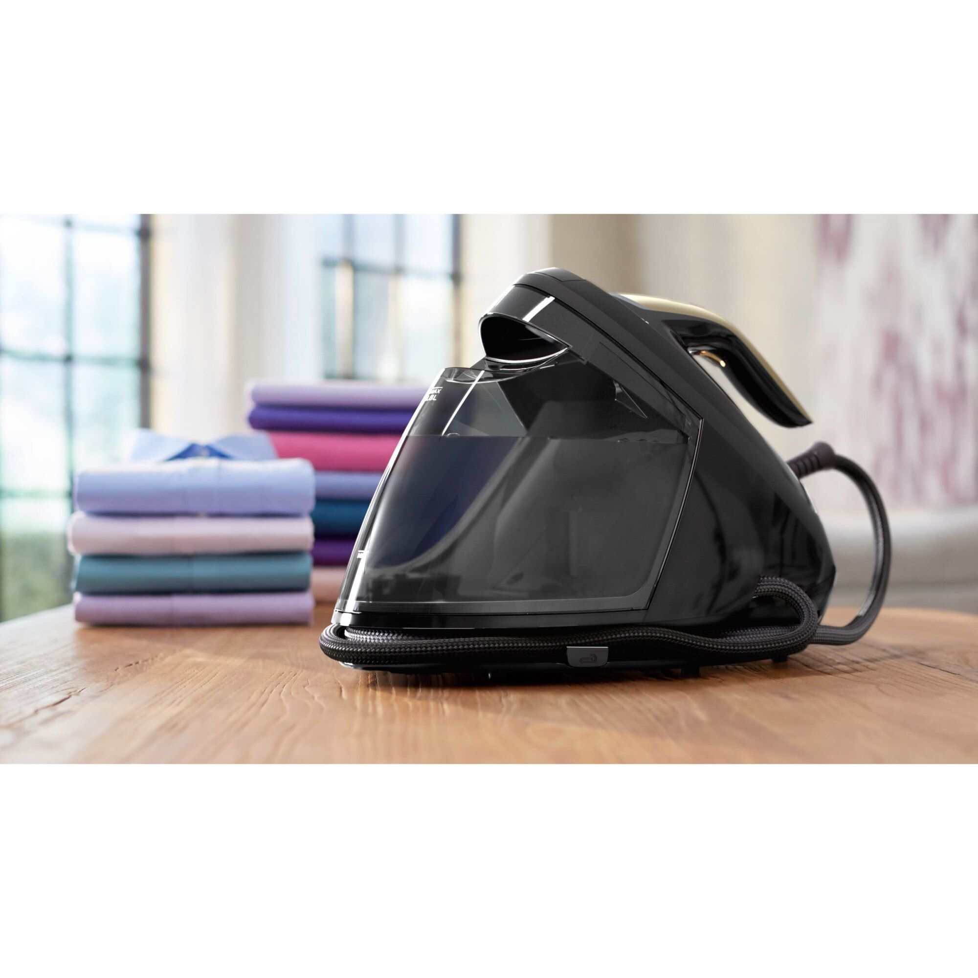Stație de călcat Philips PerfectCare 8000 PSG8130/80, Optimal Temp, tehnologie DynamiQ, talpă Steam Glide Elite, 170g/min, 700g abur, 8.5 bari, rezervor detașabil 1800 ml, Easy De-Calc Plus, Negru