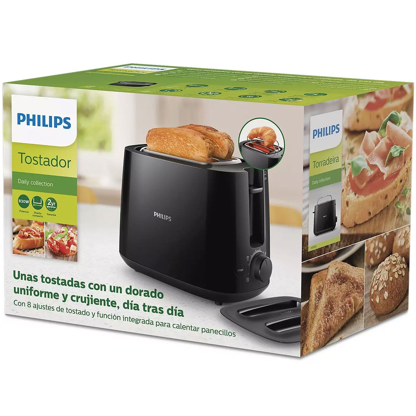 Prăjitor de pâine Philips Daily HD2582/90, 760~900W (8 trepte), 2 fante, Grătar chifle integrat, Dezghețare, Încălzire, High Lift, Buton STOP, Tavă firimituri, Oprire automată, Capac protecție, Deep Black
