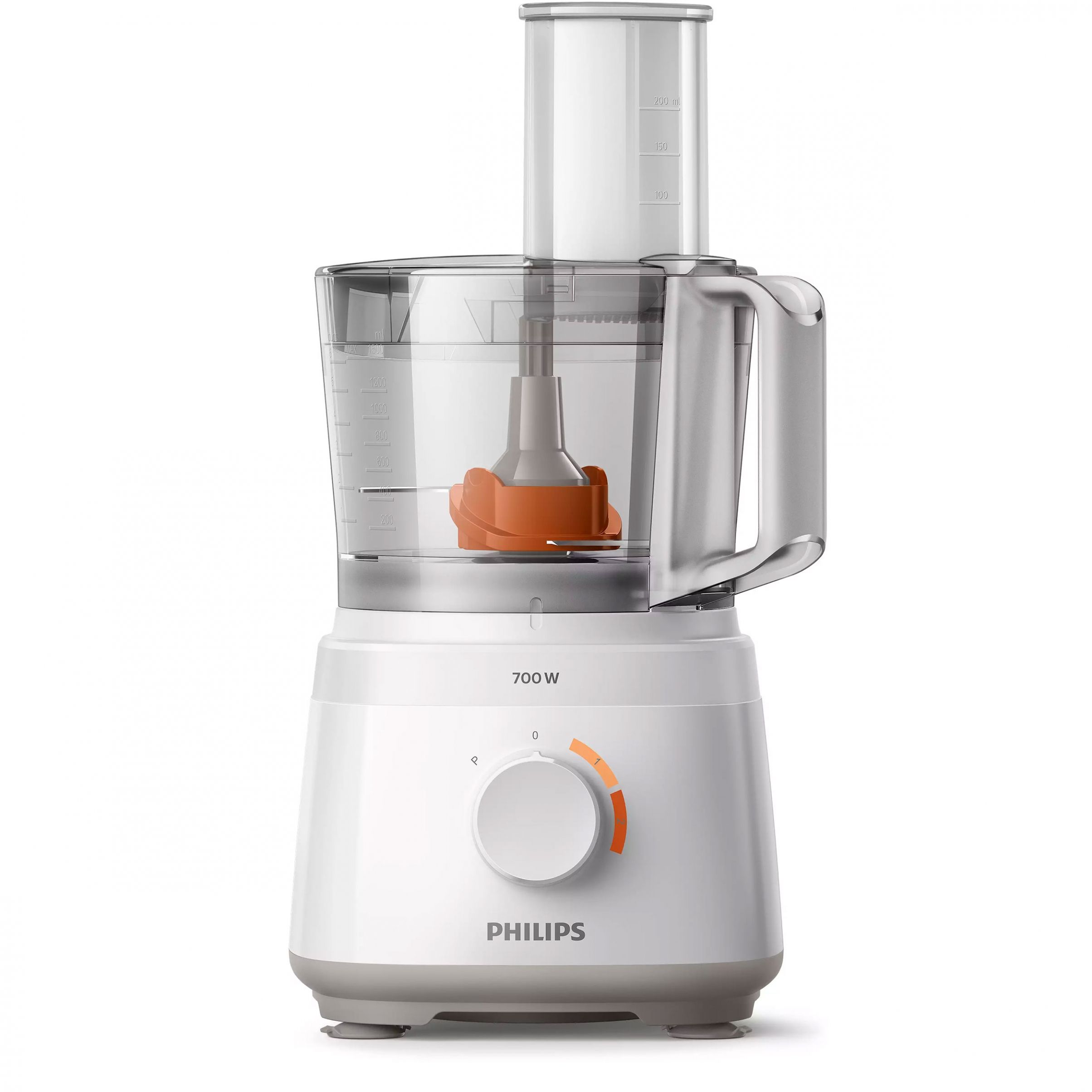 Robot de bucătărie Philips Daily HR7310/00, 700W (2 trepte și Pulse), 16 funcții, Bol 2.1l (uz 1.5l), Formă compactă, Tub alimentare XXL, Sistem anti-alunecare, Protector termic motor, 87dBA