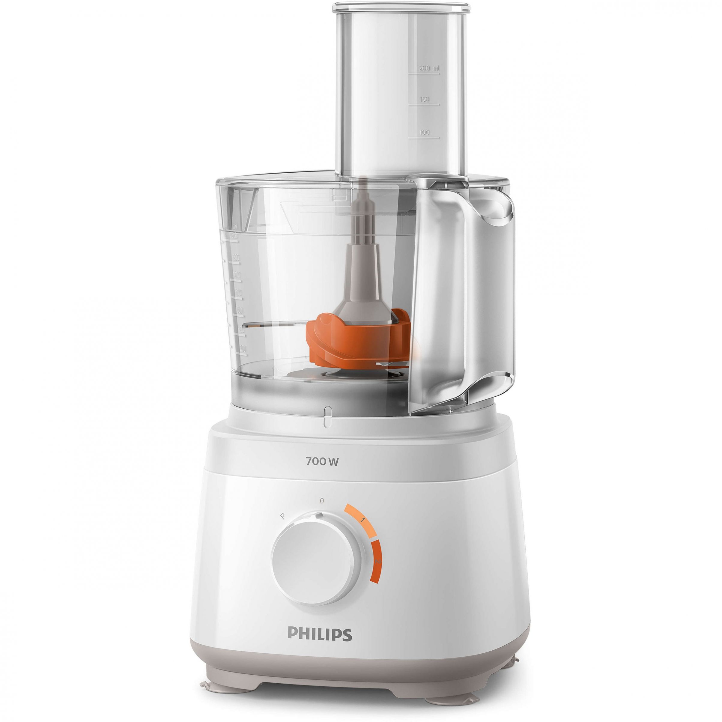 Robot de bucătărie Philips Daily HR7310/00, 700W (2 trepte și Pulse), 16 funcții, Bol 2.1l (uz 1.5l), Formă compactă, Tub alimentare XXL, Sistem anti-alunecare, Protector termic motor, 87dBA