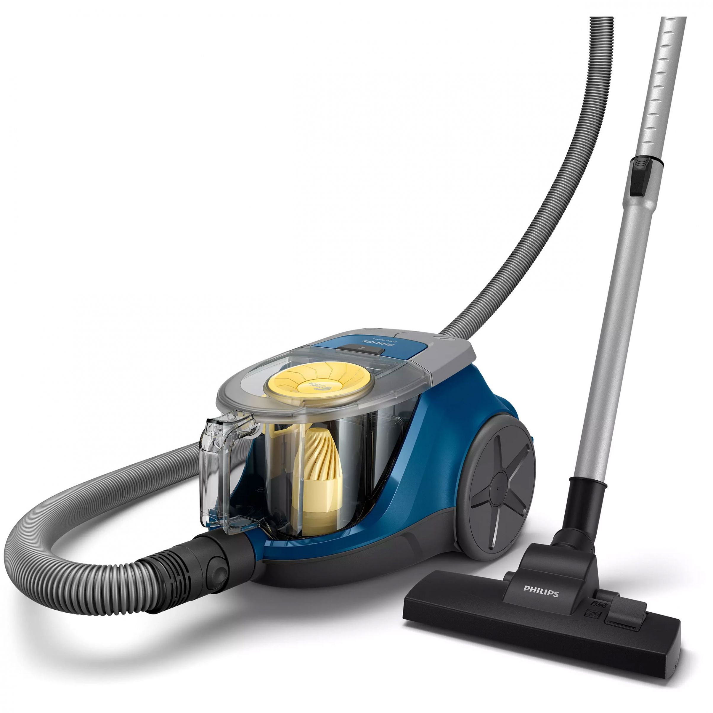 Aspirator fără sac Philips Seria 2000 XB2125/09, Asp uscată, 850W, Praf 1.3l, C6m, 77dBA, Filtru motor lavabil, Filtru evacuare Super Clean Air, PowerCyclone 4, Tub telescopic, Mâner, G4kg, Dark Blue & Yellow