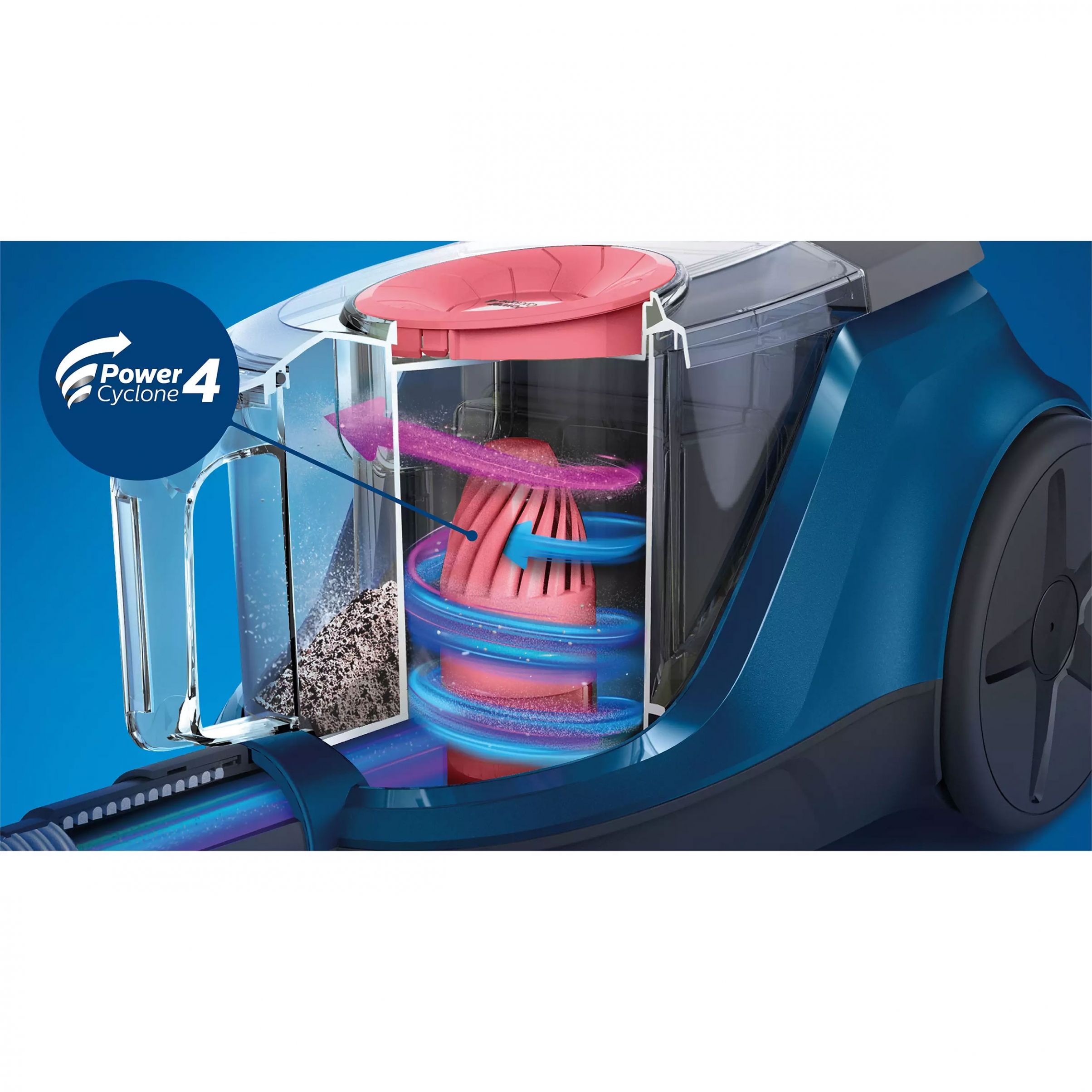 Aspirator fără sac Philips Seria 2000 XB2125/09, Asp uscată, 850W, Praf 1.3l, C6m, 77dBA, Filtru motor lavabil, Filtru evacuare Super Clean Air, PowerCyclone 4, Tub telescopic, Mâner, G4kg, Dark Blue & Yellow