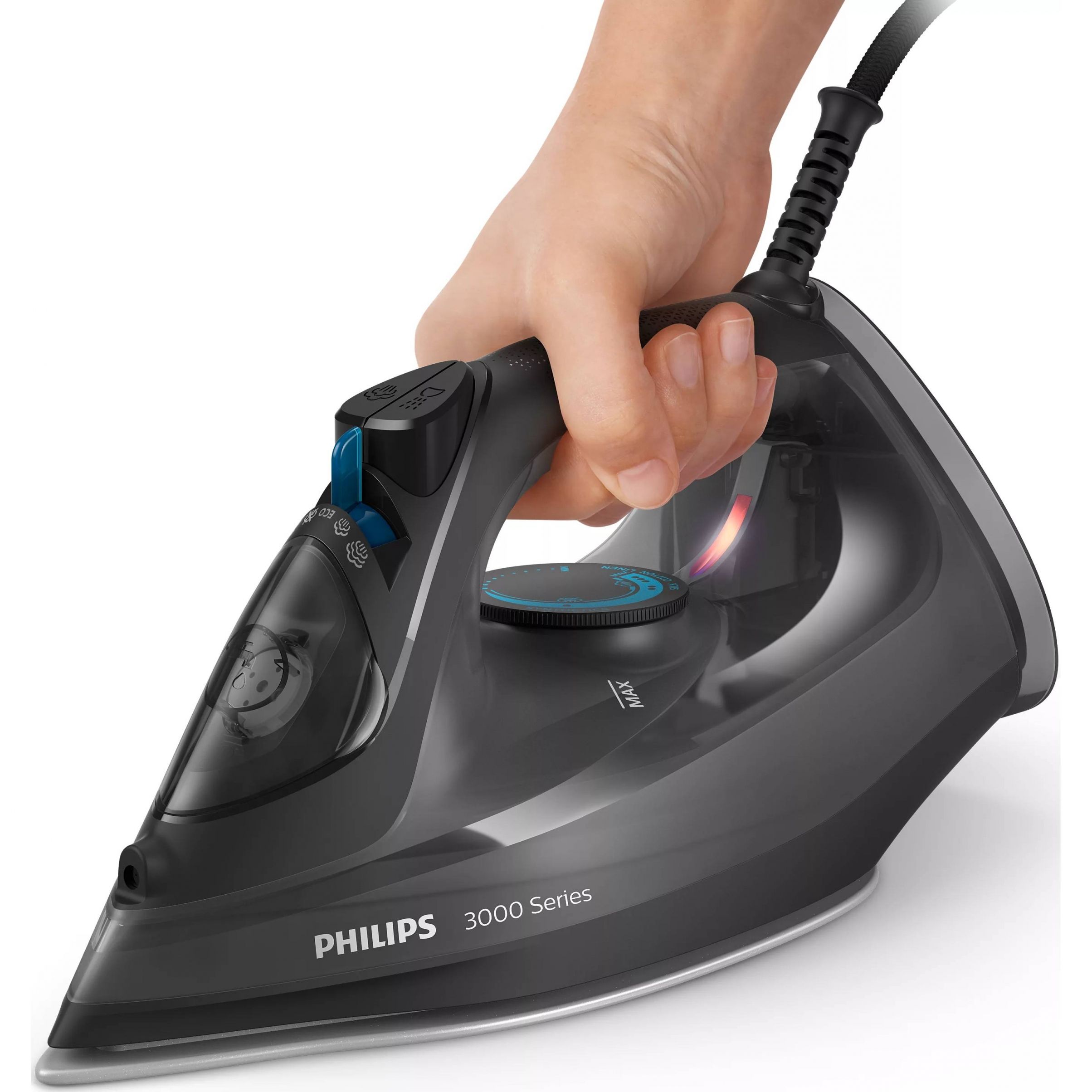 Fier de călcat cu abur Philips Seria 3000 DST3041/80, 2600W, Continuu 40g/min, Jet 200g, Rezervor 300ml, Talpă Ceramică, C1.9m, G1.27kg, Black and Red