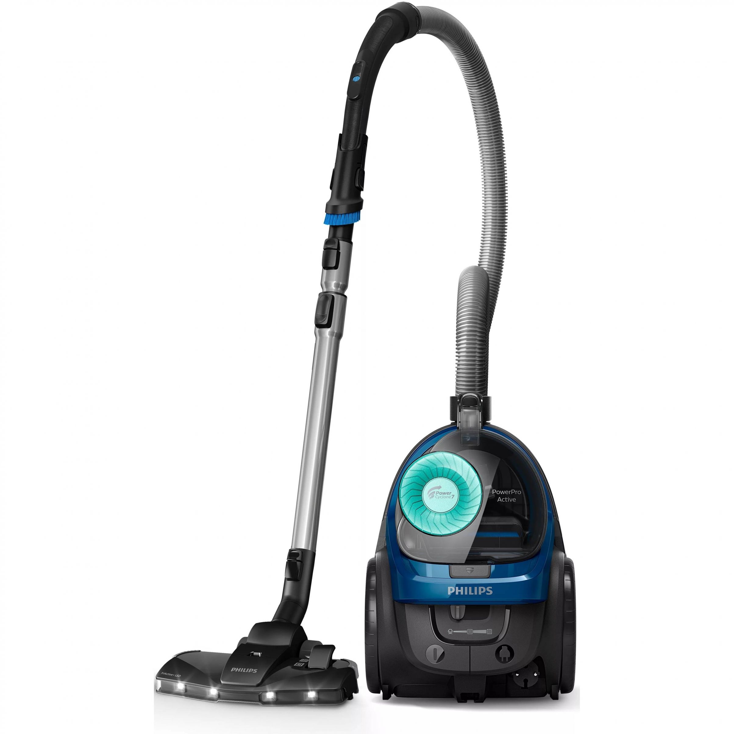 Aspirator fără sac Philips PowerPro Active 5000 FC9557/09, Asp uscată, 899W, Praf 1.5l, Cablu 6m, 71-77dBA, Filtru Allergy H13, PowerCyclone 7, ActiveLock, TriActive LED, Mini perie turbo, 4.5kg, Intense Black
