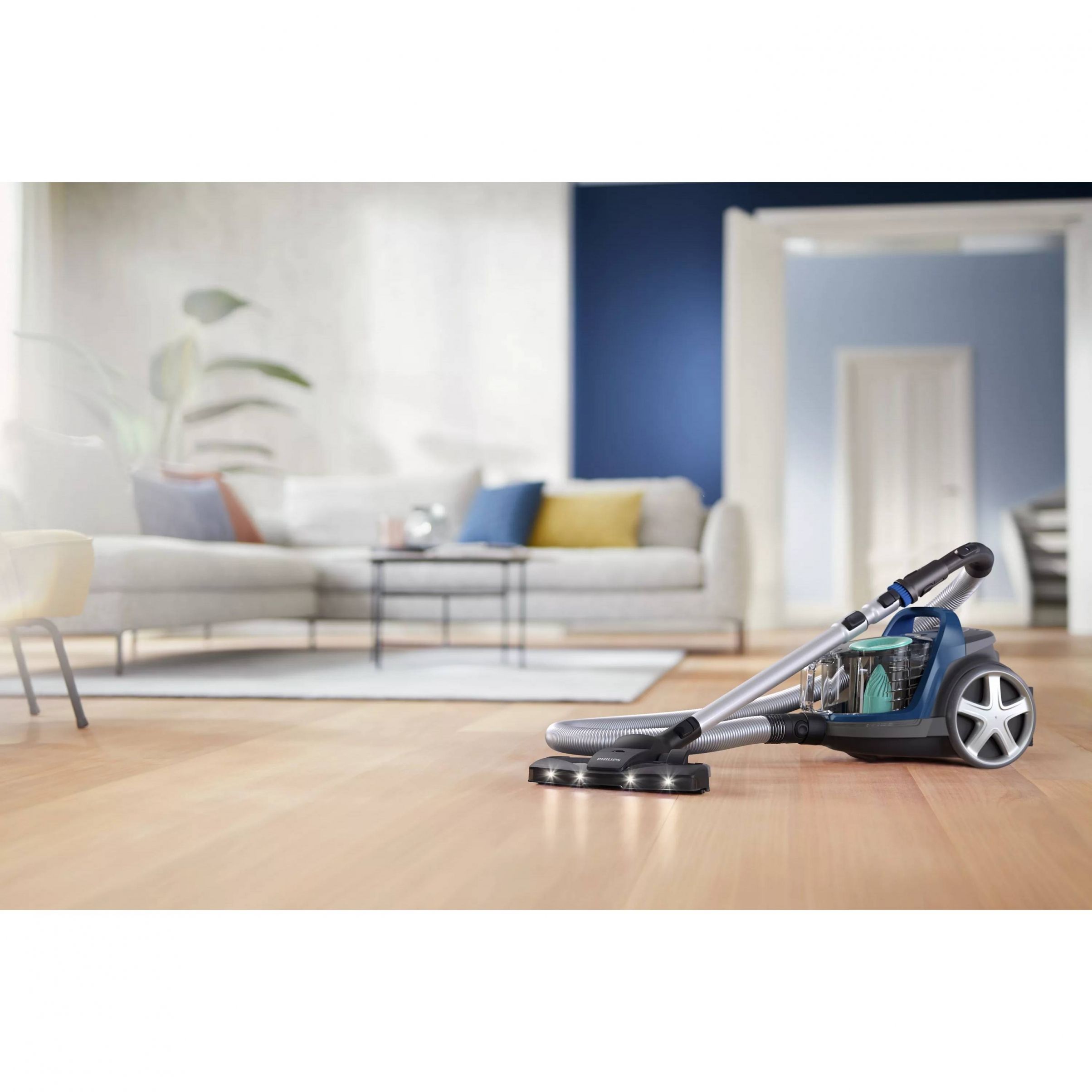 Aspirator fără sac Philips PowerPro Active 5000 FC9557/09, Asp uscată, 899W, Praf 1.5l, Cablu 6m, 71-77dBA, Filtru Allergy H13, PowerCyclone 7, ActiveLock, TriActive LED, Mini perie turbo, 4.5kg, Intense Black