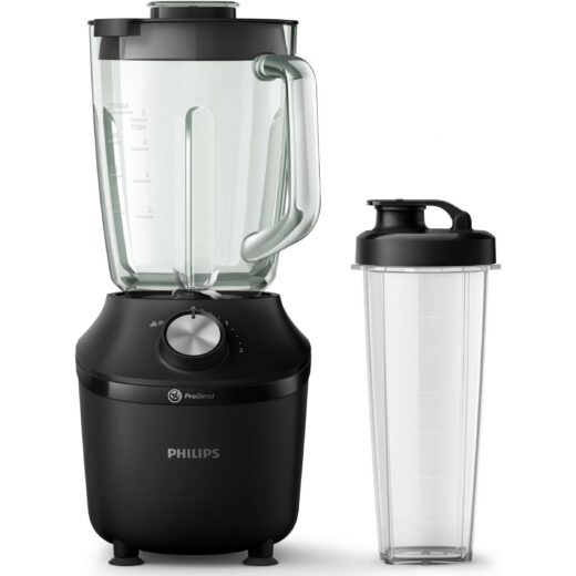 Blender Philips ProBlend Serie 3000 HR2291/41, 600W (2 viteze și Pulse), Vas de sticlă 2l (uz 1.25l), Senzor MTP, Zdrobește gheața, 86dBA, Aplicație NutriU, Recipient on-the-go, Cablu 0.85m, Negru