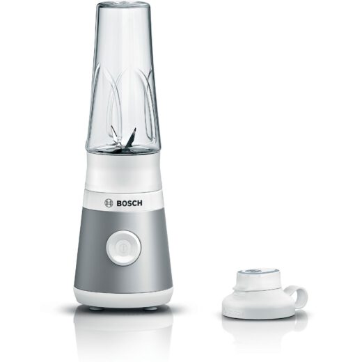 Blender de masă BOSCH Serie 2 VitaPower MMB2111T, 450W (o viteză), Sistem Pro Performance, Cuțit ProEdge, Pasează direct în sticlă ToGo antiscurgere, 86dBA, Argintiu