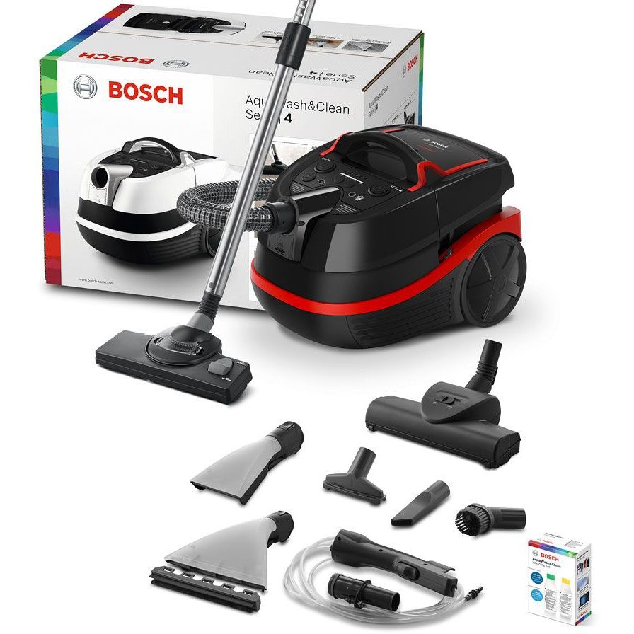 Aspirator multifuncțional cu sac BOSCH Serie 4 AquaWash&Clean BWD421POW, Vârf 2100W, Nominală 1400W, Praf 2.5l, Rezervor 5l, Cablu 9m, 85dBA, Filtru igienic HEPA, G8.7kg, Carbon Black/Tornado Red