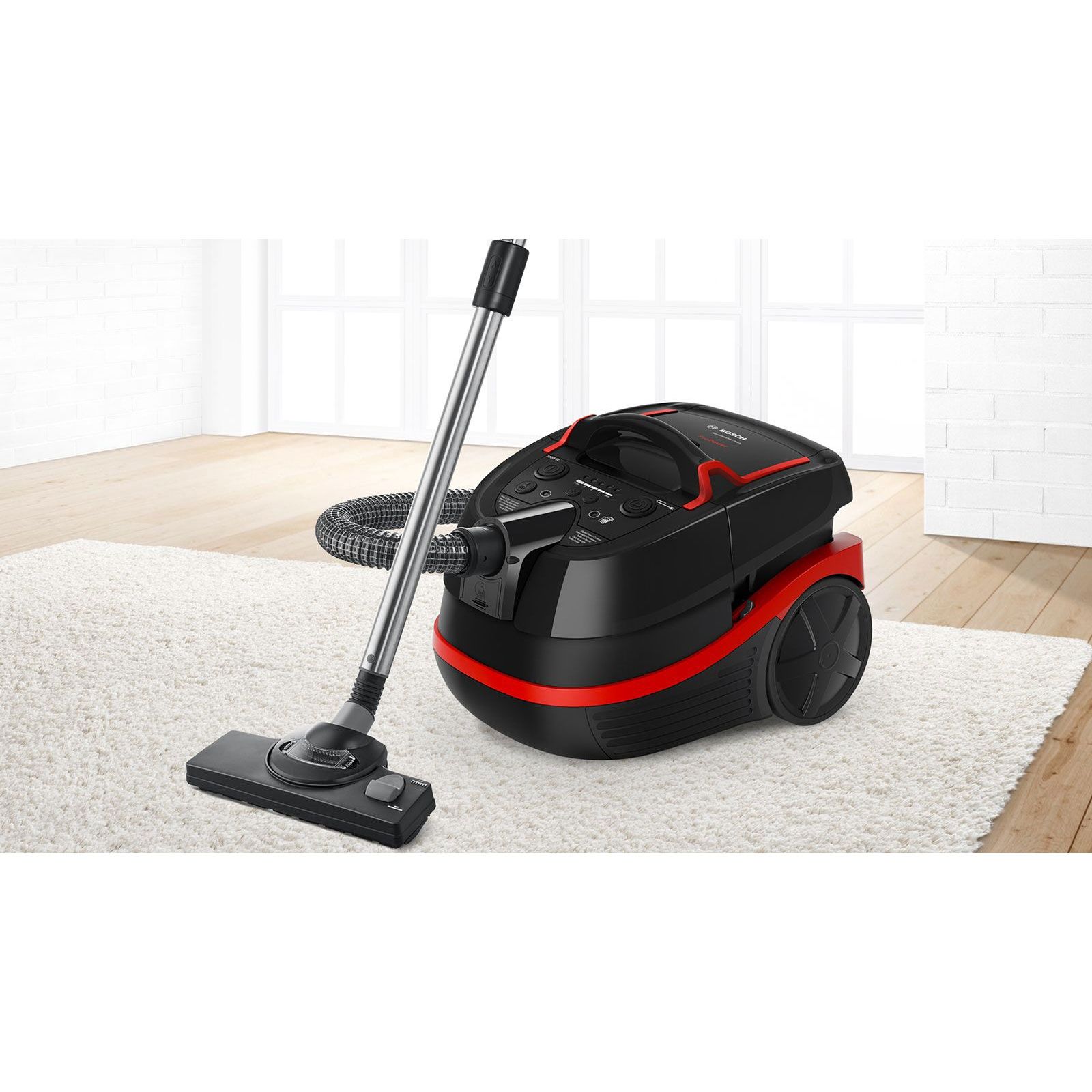 Aspirator multifuncțional cu sac BOSCH Serie 4 AquaWash&Clean BWD421POW, Vârf 2100W, Nominală 1400W, Praf 2.5l, Rezervor 5l, Cablu 9m, 85dBA, Filtru igienic HEPA, G8.7kg, Carbon Black/Tornado Red