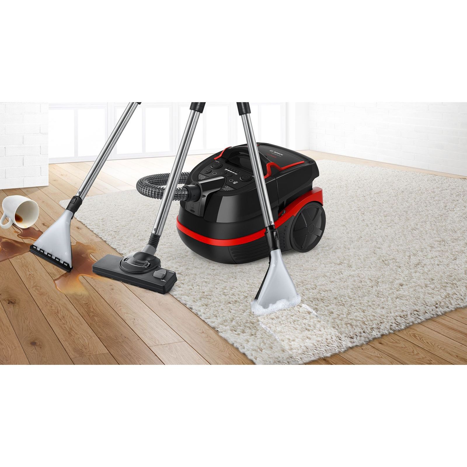 Aspirator multifuncțional cu sac BOSCH Serie 4 AquaWash&Clean BWD421POW, Vârf 2100W, Nominală 1400W, Praf 2.5l, Rezervor 5l, Cablu 9m, 85dBA, Filtru igienic HEPA, G8.7kg, Carbon Black/Tornado Red