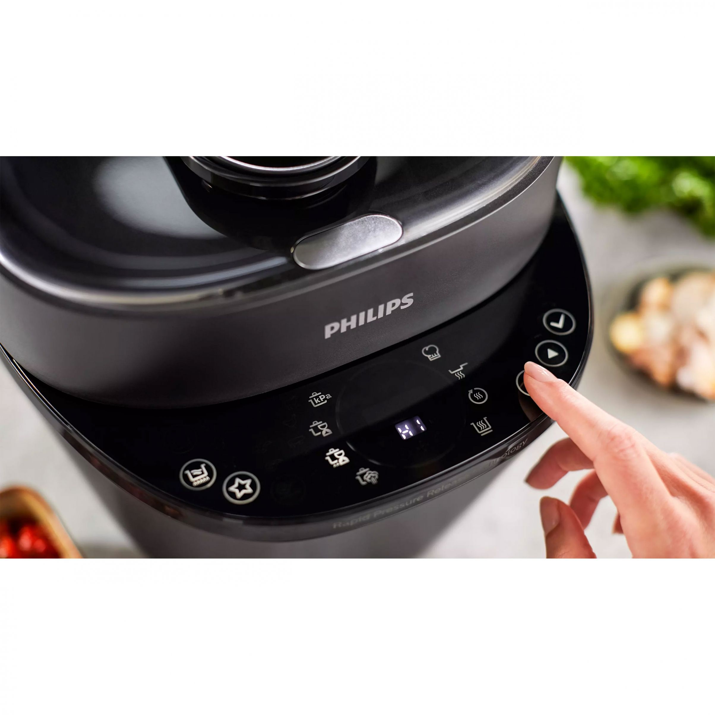 Multicooker electric sub presiune Philips All-In-One HD2151/40, 1000W, Volum 5l, 35 opțiuni meniu, Vas aluminiu teflonat, Temporizator 24 ore, Păstrare la cald 12 ore, Aplicație NutriU, Carte rețete