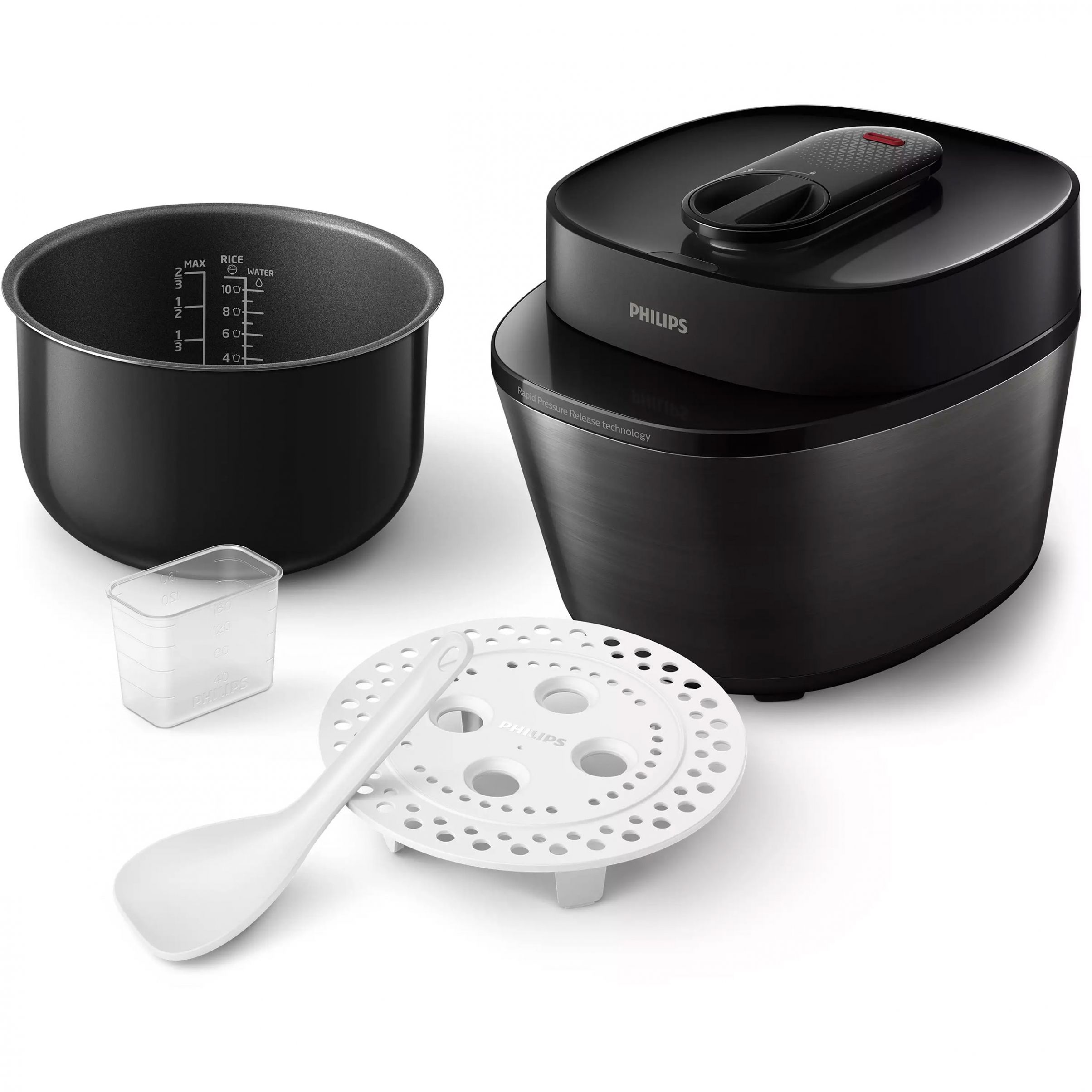 Multicooker electric sub presiune Philips All-In-One HD2151/40, 1000W, Volum 5l, 35 opțiuni meniu, Vas aluminiu teflonat, Temporizator 24 ore, Păstrare la cald 12 ore, Aplicație NutriU, Carte rețete