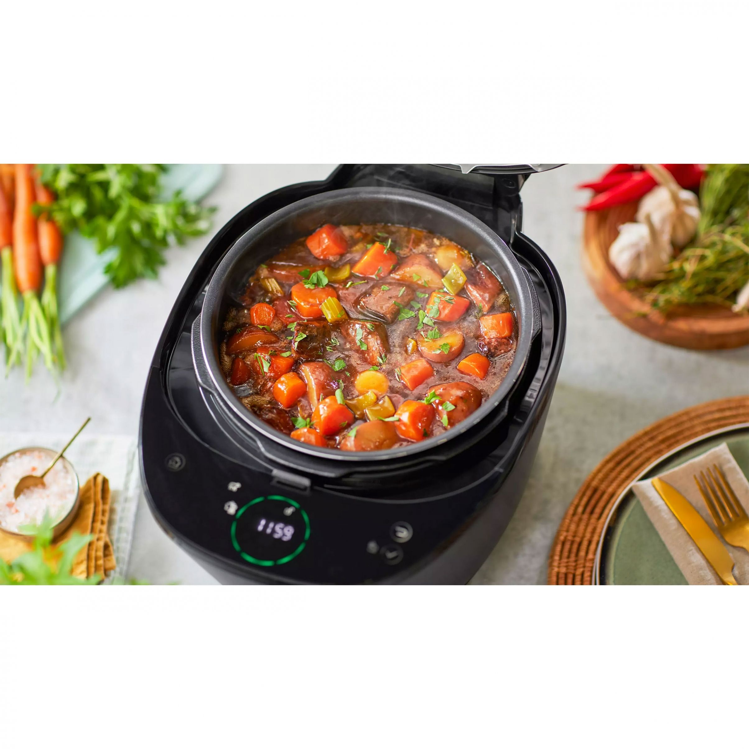 Multicooker electric sub presiune Philips All-In-One HD2151/40, 1000W, Volum 5l, 35 opțiuni meniu, Vas aluminiu teflonat, Temporizator 24 ore, Păstrare la cald 12 ore, Aplicație NutriU, Carte rețete