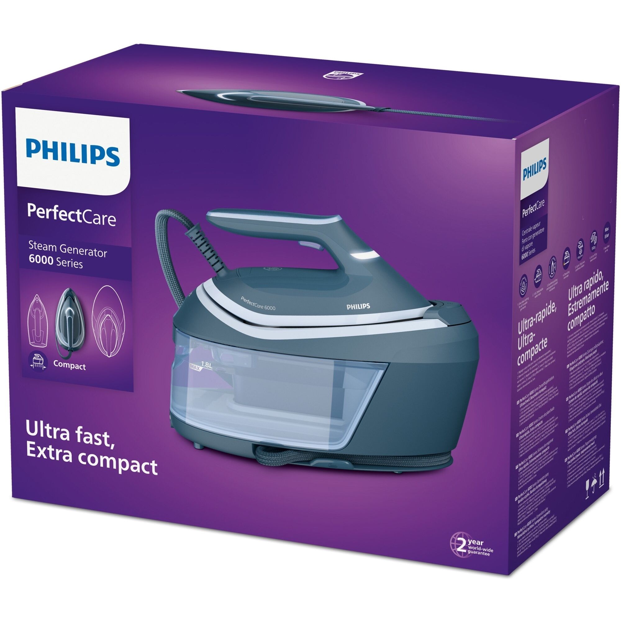 Stație de călcat cu abur Philips PerfectCare 6000 PSG6042/20, 2000~2400W, Presiune 8bar, Continuu 130g/min, Jet 550g, Talpă SteamGlide Advanced, Rez. detașabil 1.8l, F1.6m, C.65m, Fier 1.2kg, OptimalTEMP