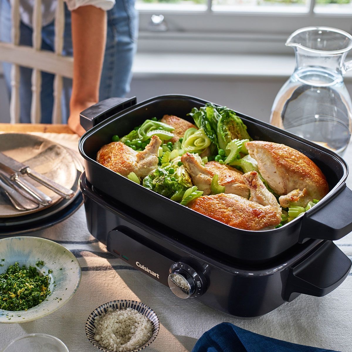 Multicooker 5în1 Cuisinart Cooking GRMC3E, 1200~1400W, 4.7L, 6 programe, Încălzire rapidă 6 minute, Termostat variabil 90°~220°, Capac de sticlă, Fără BPA, Cablu 1m, 5.9kg, Midnight Grey